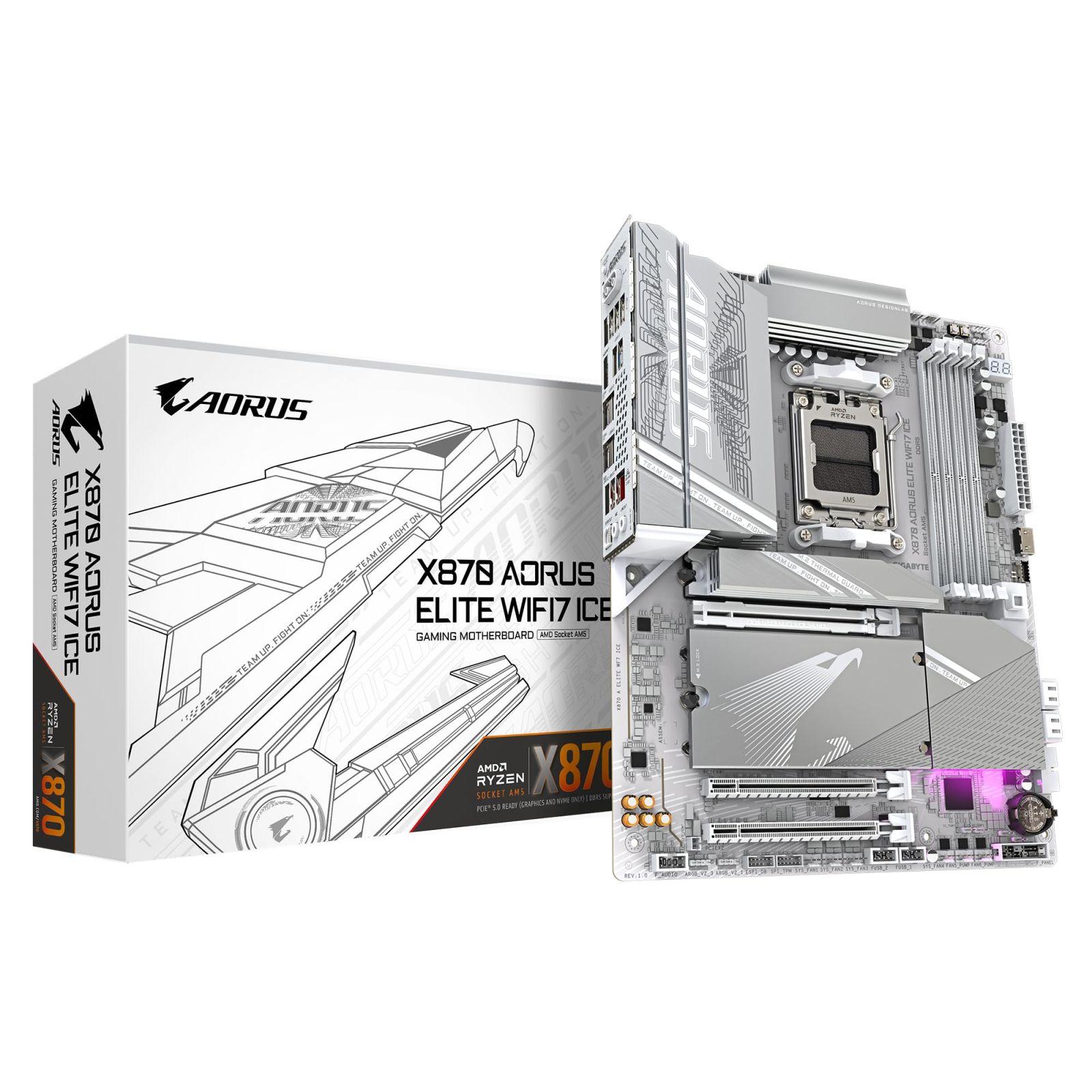 GIGABYTE X870 A Elite WIFI7 Ice-Emaplaat – Toetab AMD Ryzen 9000 protsessoreid, digitaalne 16+2+2 faasiline VRM, kuni 8000MHz DDR5 (OC), 3xPCIe 5.0, Wi-Fi 7, 2.5GbE LAN, USB 4