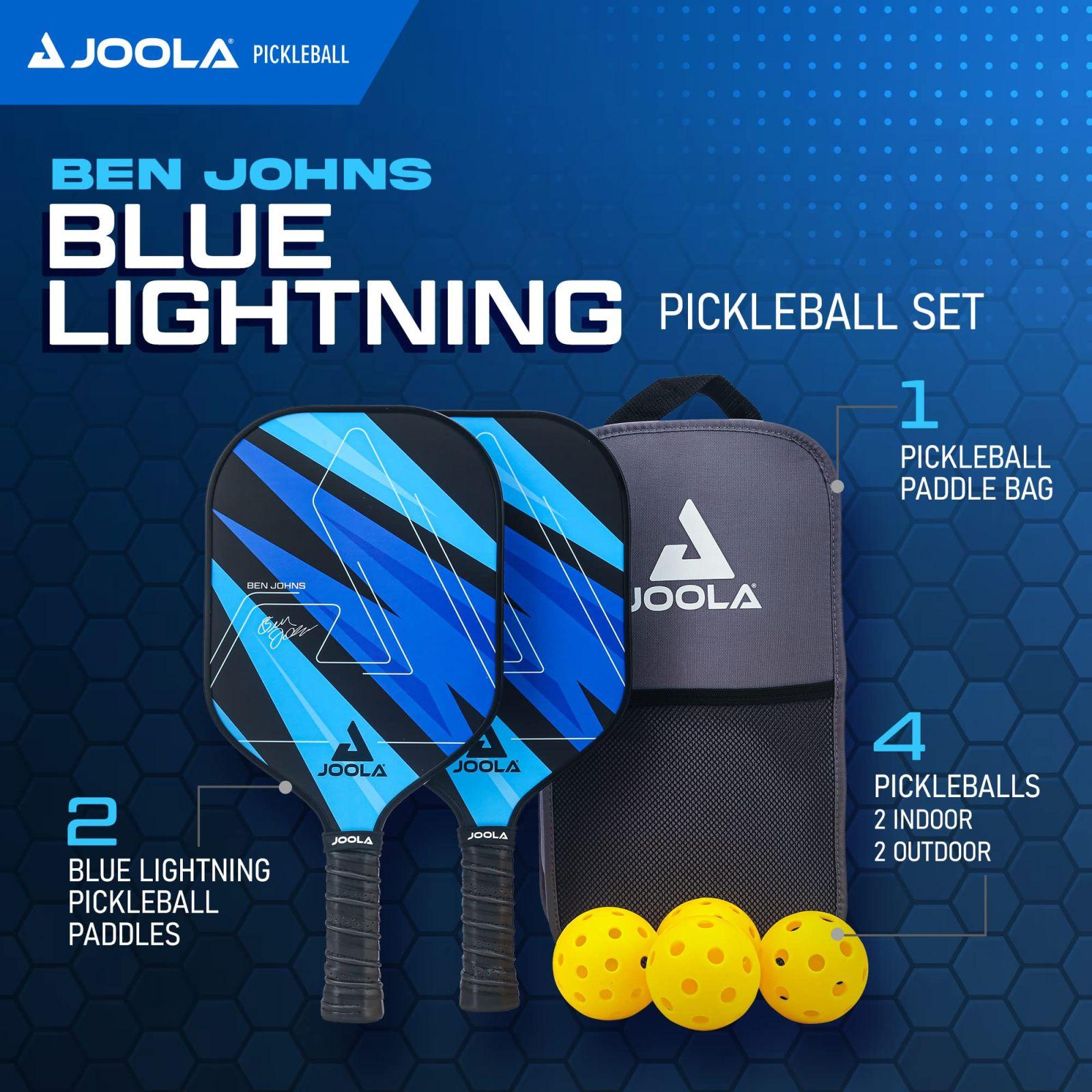 JOOLA Pickleball Komplekt Blue Lightning – 2 reketit, 4 palli ja kandekott, ideaalne vabaajamängijatele, Ben Johnsi allkirjastatud, 7-osaline – detailne vaade