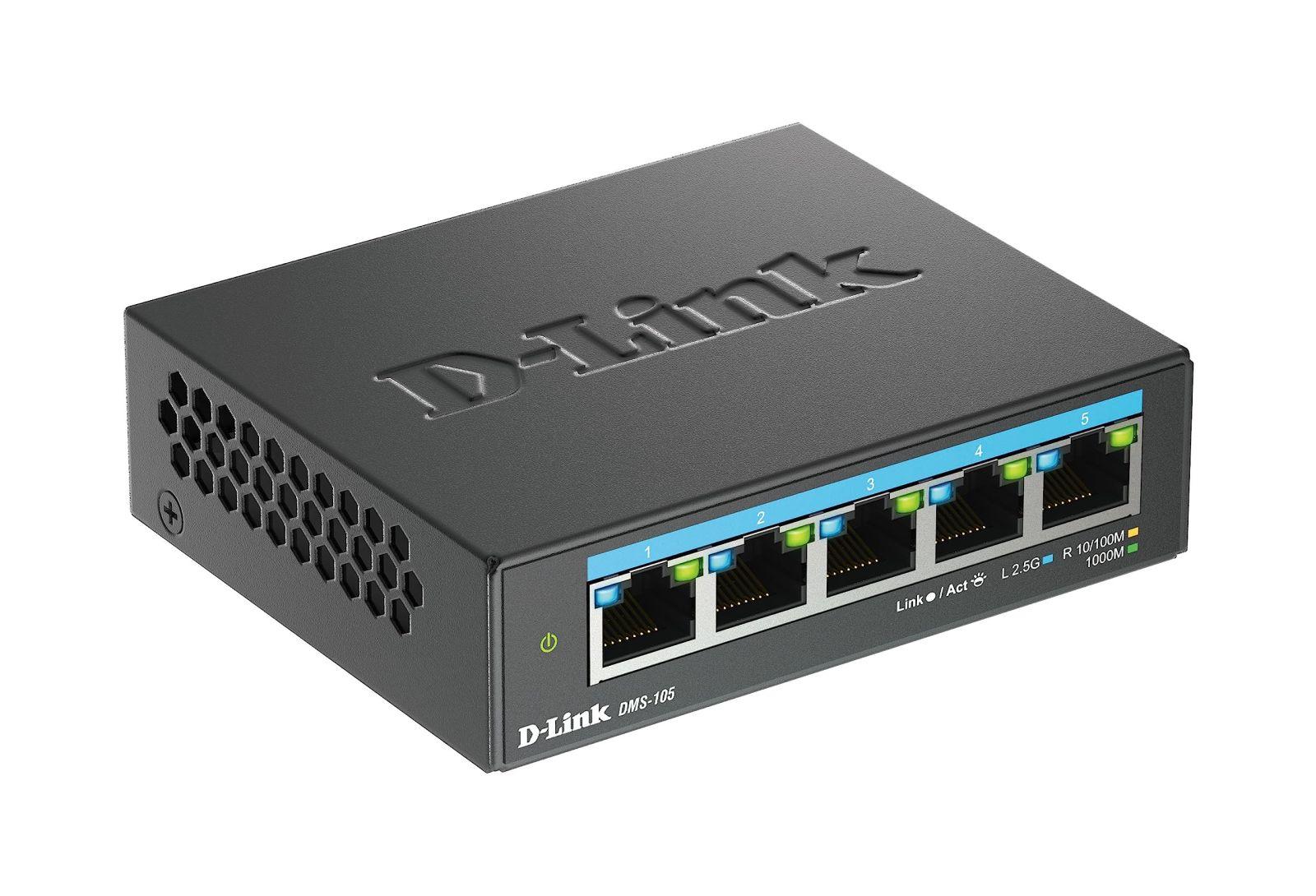 D-Link DMS-105 5-pordiline Multi-Gigabit haldamata lauaarvuti switch (5x 2,5G porti, ventilaatorita, kompaktne, metallkorpus, QoS, Plug and Play) – pakend ja tarvikud