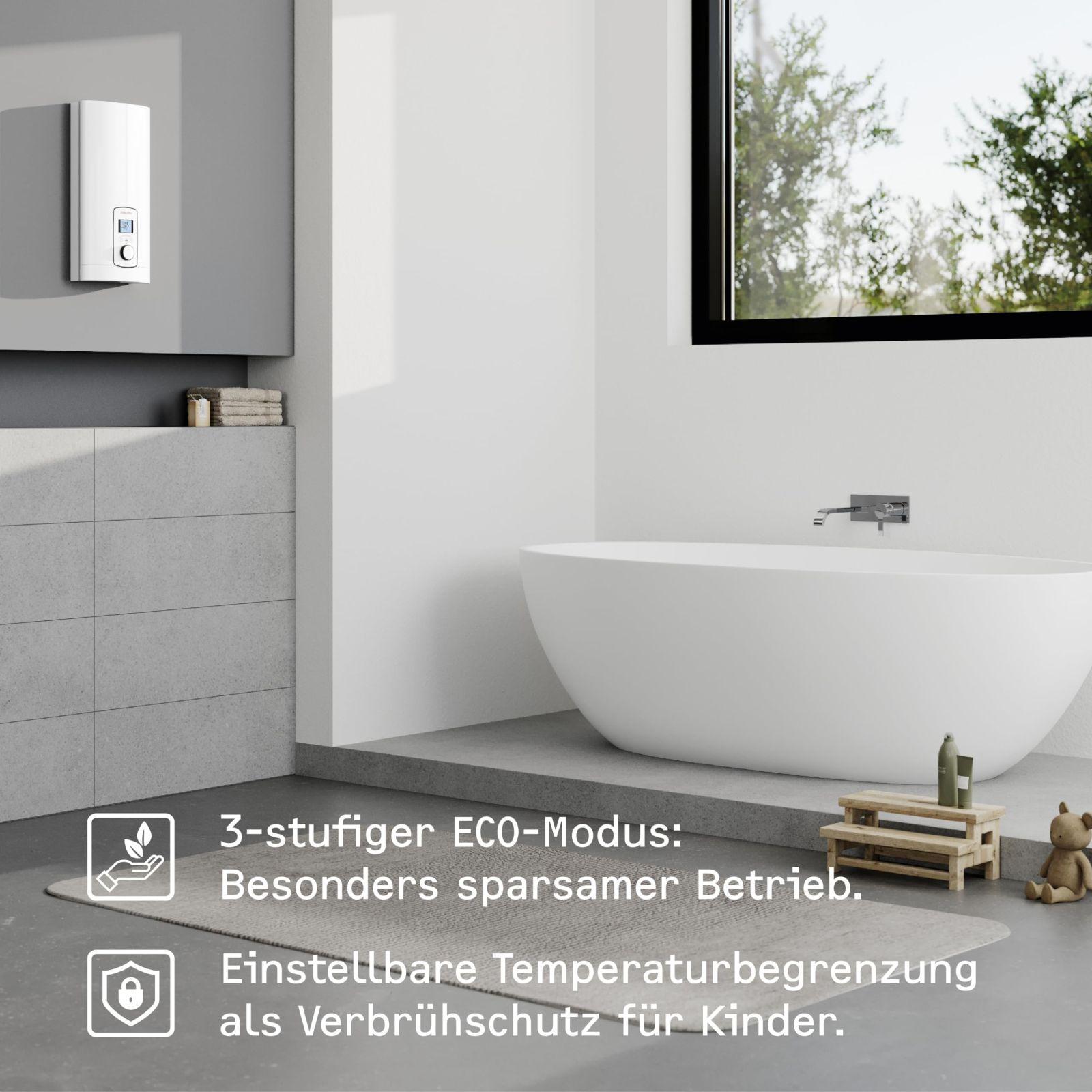 STIEBEL ELTRON Elektrooniline Kiirboiler DEL 18/21/24 Plus, täpne soovitud temperatuur, LCD-ekraan, ECO-režiim, 236739 – pakend ja tarvikud