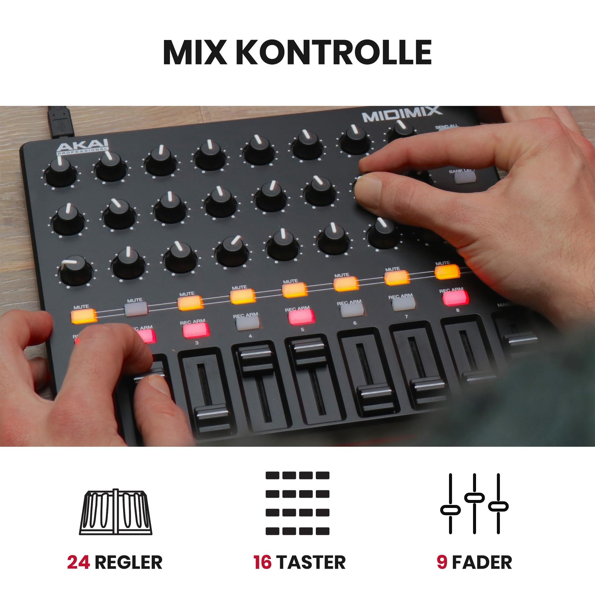 AKAI Professional Midimix – Täielikult määratav, kaasaskantav MIDI mikser ja DAW kontroller – pakend ja tarvikud