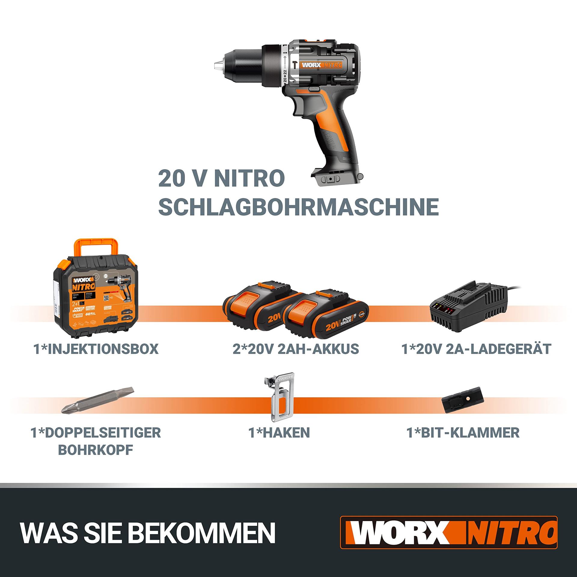 WORX NITRO WX352 Aku Löökpuurtrell Komplekt 20V – harjadeta mootor – kruvimiseks, puurimiseks ja löökpuurimiseks – 60Nm – 2-käiguline käigukast & LED-valgus – sisaldab 2x20V 2Ah akusid & 2A kiirlaadijat – lisavaade