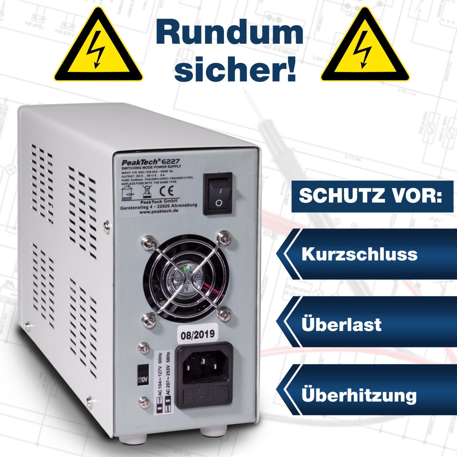 PeakTech P 6227 – DC Laboritoite Toiteplokk 0-60V/0-6 A LCD Ekraan, Laborivõrgutoiteplokk 2x USB-pordiga, Reguleeritava Väljundpingega Toiteallikas, Sisendpinge 115-240V AC 50-60Hz EN 61010-1 – lisavaade