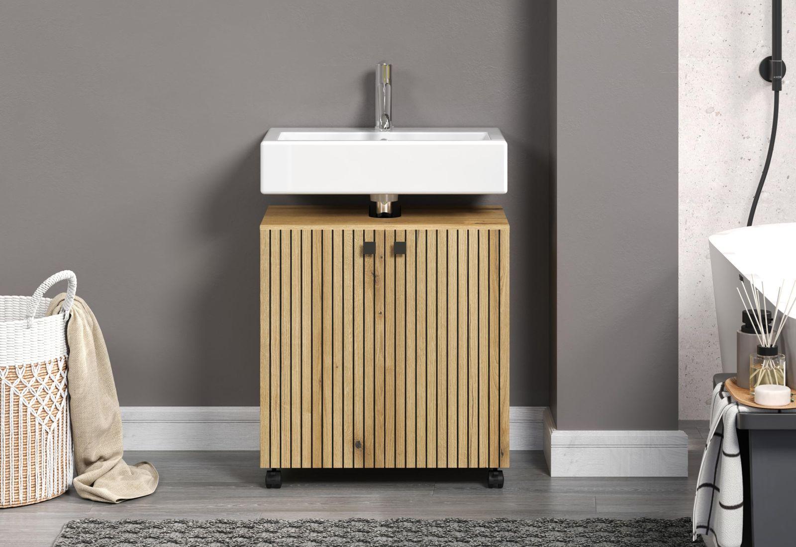 trendteam smart living – Valamualune kapp ratastel – Vannituba – PureBliss – Mõõdud (LxKxS) 60 x 64 x 42 cm – Värvus Evoke tamm mustade soontega – 233730342 – detailne vaade