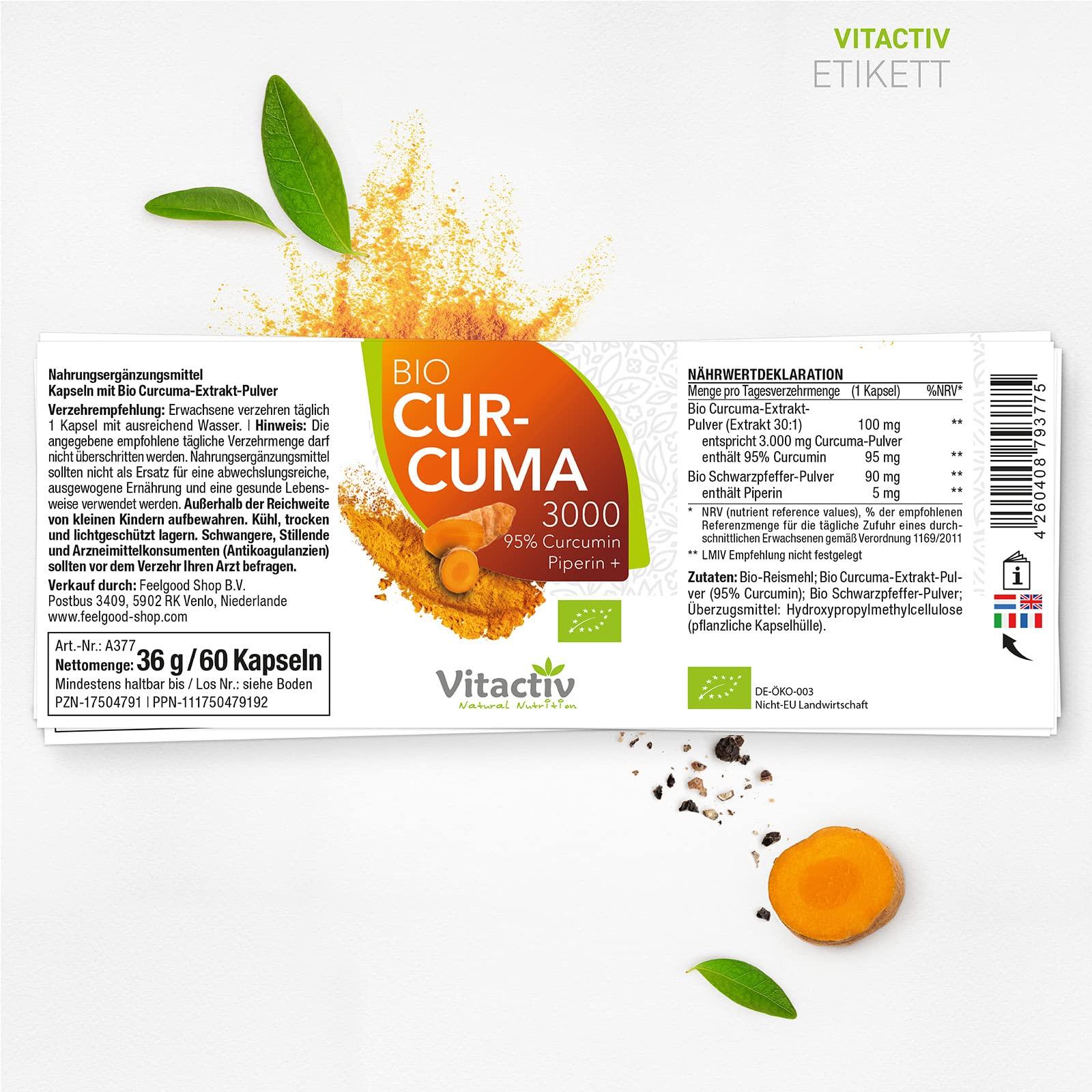VITACTIV Bio Kurkumiin 3000 – 3-pakk. Kõrge annusega kurkumi ekstrakt 95% kurkumiiniga – Must pipar parema imendumise jaoks – 180 kapslit 180 päevaks – Vegan, ilma magneesiumstearaadita – pilt 8