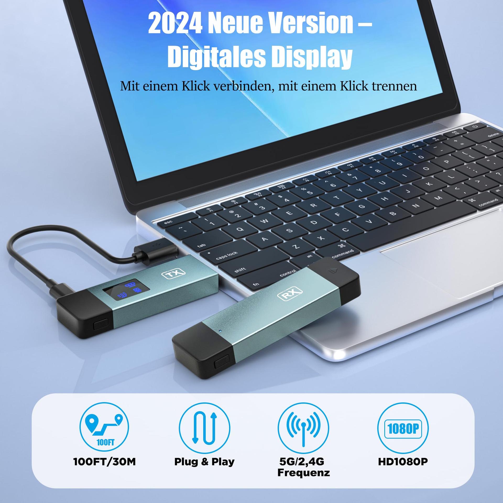 Juhtmevaba HDMI saatja ja vastuvõtja, 30M stabiilne ühendus, 2,4G/5G kaasaskantav HDMI adapter LED-ekraaniga, Plug & Play video- ja heliedastuseks sülearvutist, PC-st HDTV-le, projektorile – pakend ja tarvikud