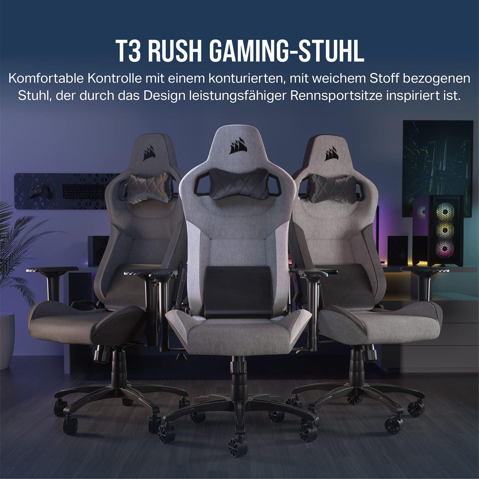 Corsair T3 RUSH Fabric (2023) mängutool – autosportlik disain – pehme kangaskate – eemaldatav kaelapadi ja mäluvahust nimmetugi – antratsiit – pakend ja tarvikud