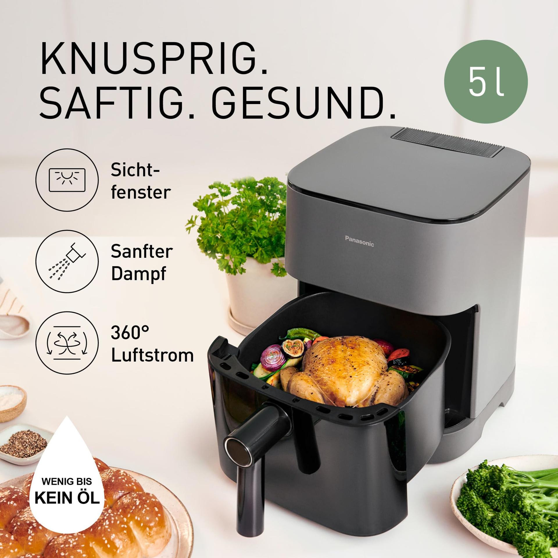 Panasonic NF-CC500SXE kuumaõhufritüür vaatlusakna ja aurulisandiga, 5 l, 80–200 °C, ETM auhind 2024, digitaalne taimer ja LCD-ekraan, lihtne puhastamine, matt hall – detailne vaade