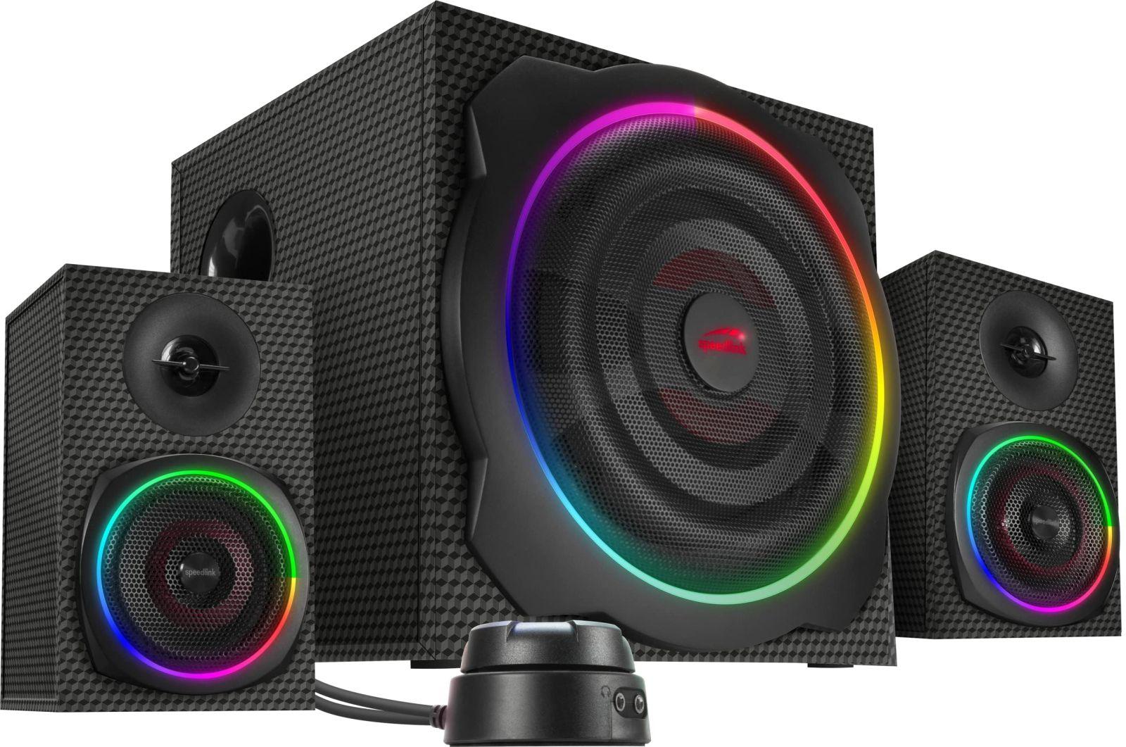 Speedlink GRAVITY CARBON RGB 2.1 helisüsteem Bluetoothiga – puidust subwoofer, 120 W, 3,5 mm AUX, laualt juhitav, must
