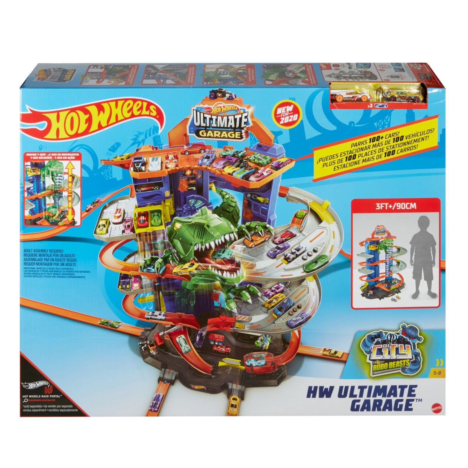 Hot Wheels Garaaž, Hot Wheels Parkla koos 2 mänguautoga, mitmekorruseline autorada, T-Rexi rünnak ja ruumi +100 autole, kõrgus: 90 cm, mänguasi alates 5. eluaastast, GJL14
