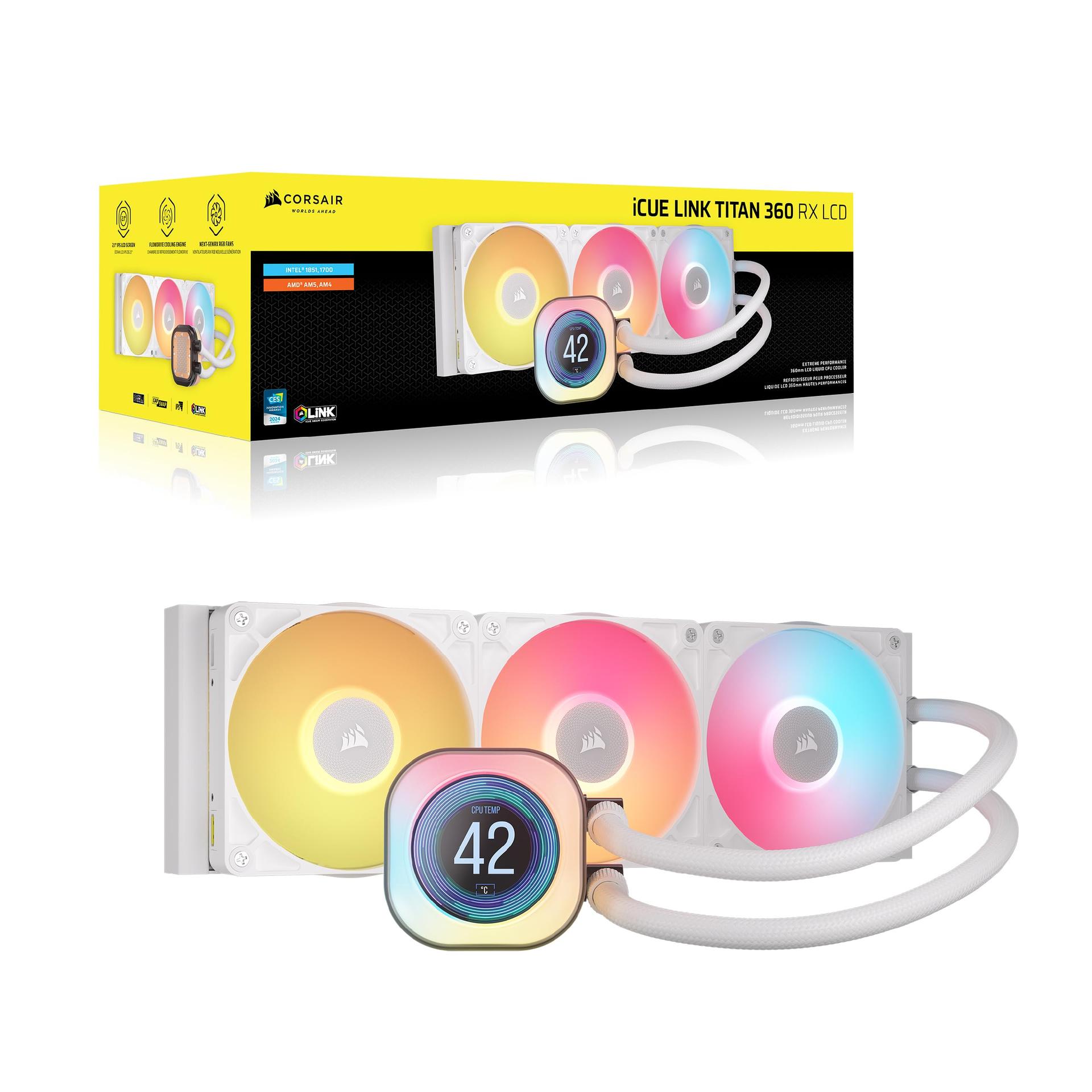 CORSAIR iCUE LINK Titan 360 RX LCD CPU-vedelikjahuti – 360mm AIO – FlowDrive-jahutusmootor – Intel LGA 1851/1700, AMD AM5/AM4 – 3X RX120 RGB-ventilaatorid – iCUE LINK-süsteemi jaotur – Valge – pilt 8