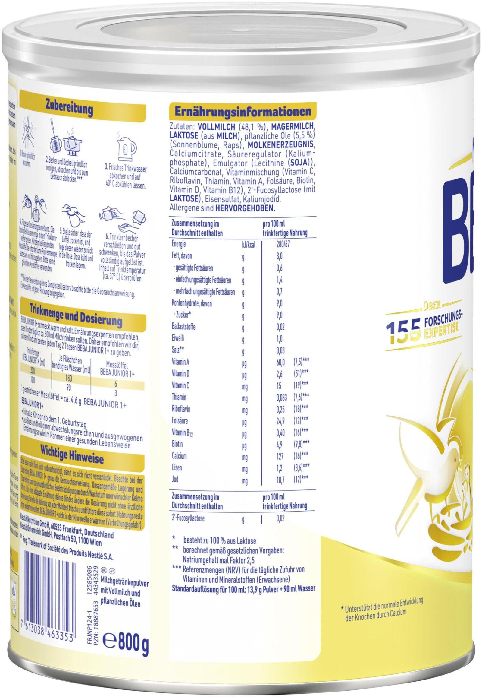 BEBA Nestlé BEBA JUNIOR 1 piimajook alates 1. sünnipäevast, 6-pakk (6 x 800g) – lisavaade