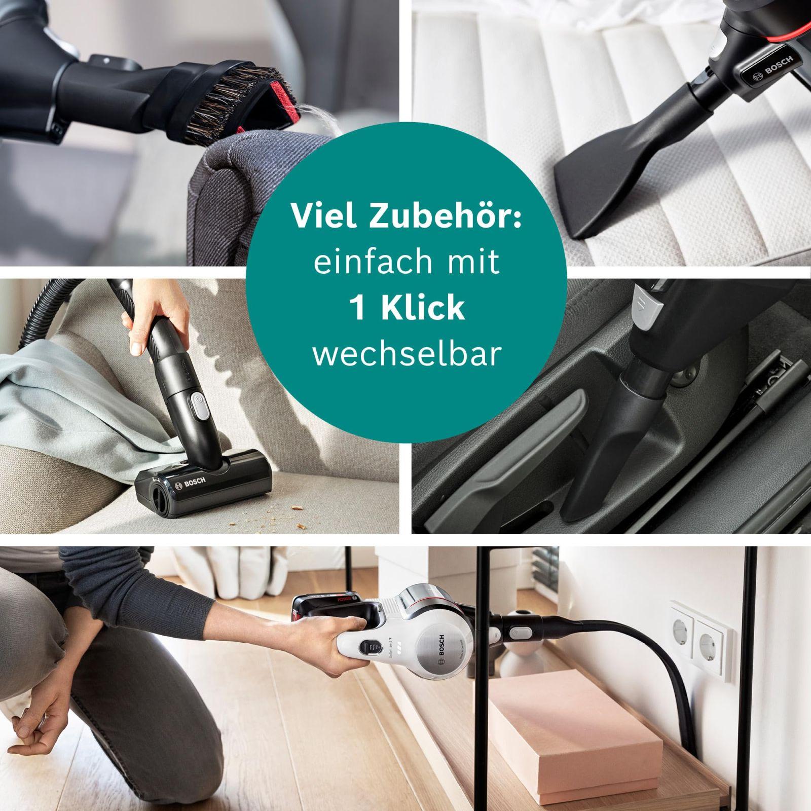 Bosch juhtmeta tolmuimeja Unlimited 7 BKS711MTB, tolmukotita, vahetatava akuga, painduva toruga, hügieenifiltriga, 10-aastase mootorigarantiiga, mini-turbodüüsiga, LED-valgustusega, turborežiimiga, valge – pilt 6