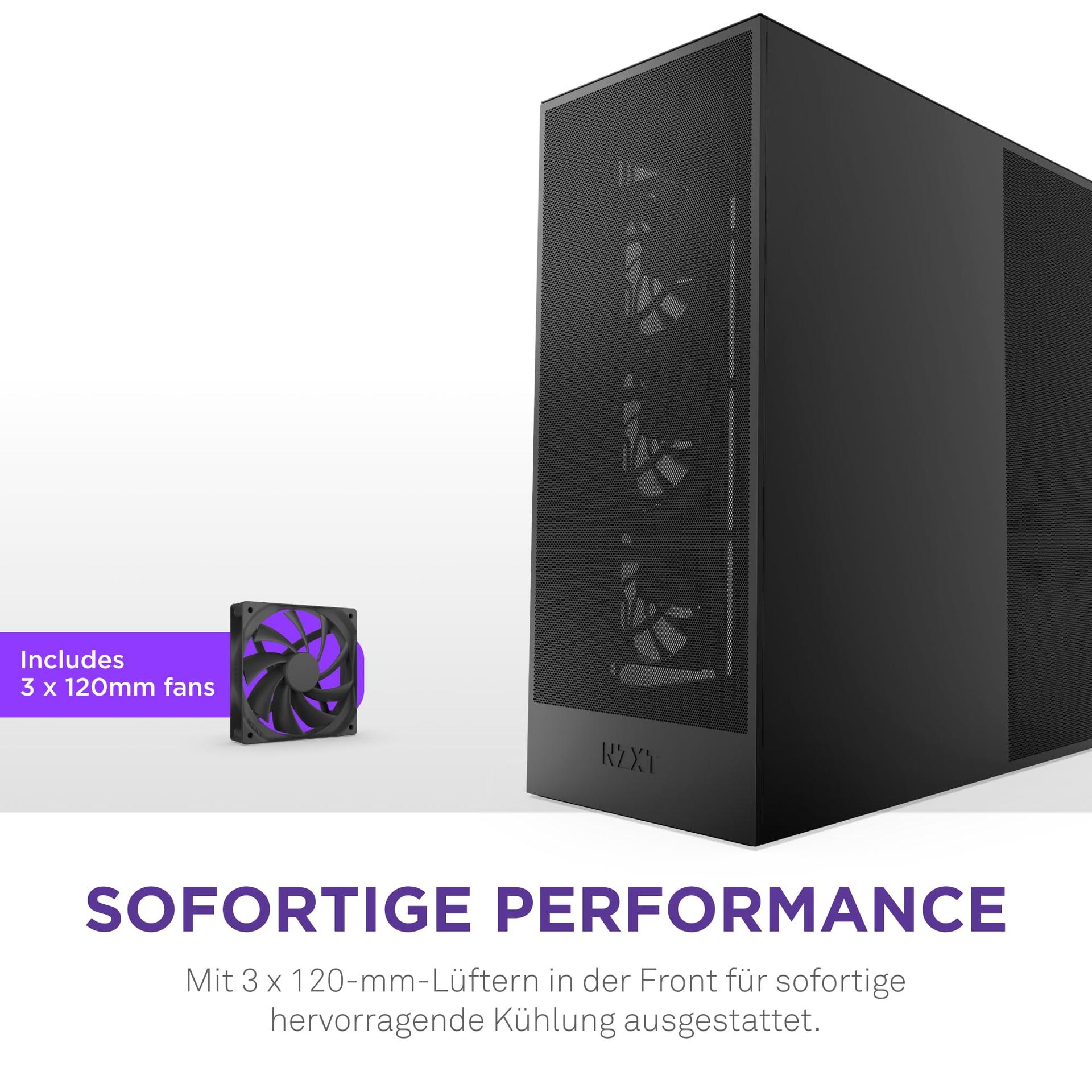 NZXT H7 Flow | Mid-Tower ATX õhuringluskorpus | Kuni 3 x 120 mm põhjaventilaatorit GPU otseseks jahutamiseks | 3 x 120 mm esipaneeli ventilaatorit | 420 mm radiaatorialus ees | Must – pakend ja tarvikud