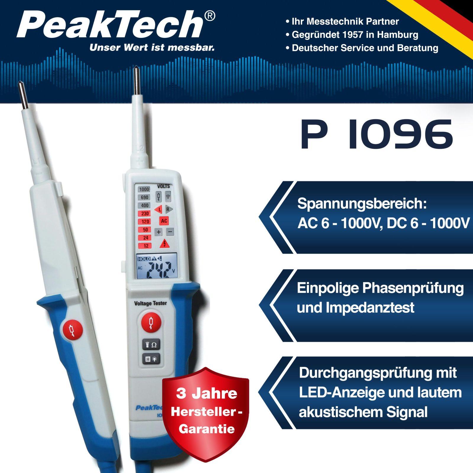 PeakTech 1096 – 2-poolne AC/DC pingetestija koos kahe ekraaniga & FI-testiga, tolmu- ja veekindel (IP64), LCD-ekraan + taskulamp, järjepidevuse test, polaarsuse näit, pingemõõtja 6V – 1000V – detailne vaade