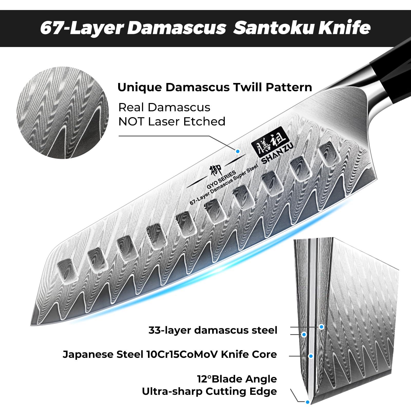 SHAN ZU Damaskuse Santokunuga – 18 cm Jaapani Kööginuga, AUS-10 Roostevabast Terasest Terav Tera, Ergonoomiline G10 Käepide, Eksklusiivne Kingipakend – GYO Seeria – detailne vaade