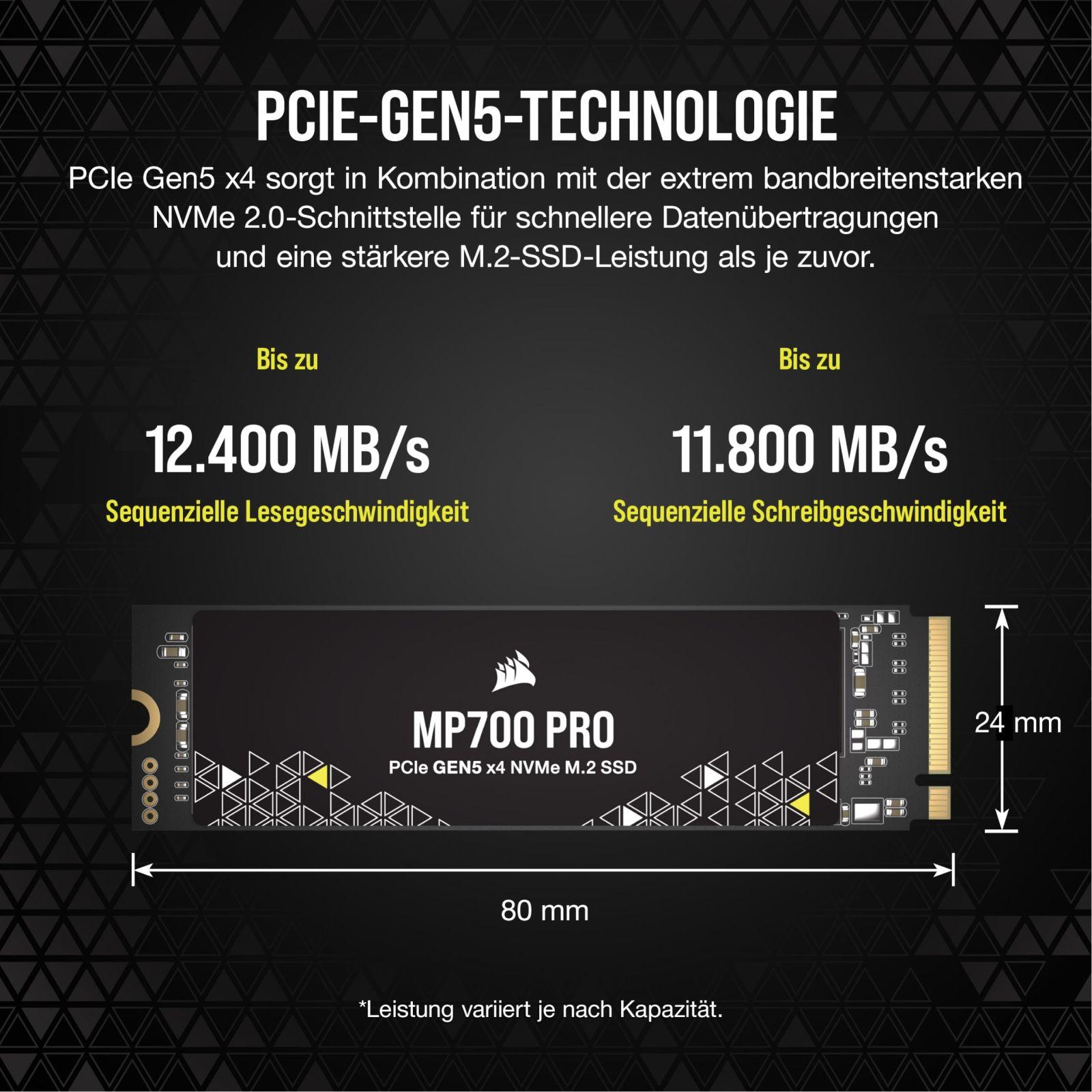 Corsair MP700 PRO 2TB M.2 PCIe Gen5 x4 NVMe 2.0 SSD – M.2 2280 – Kuni 12 400MB/s järjestikune lugemine – High-Density TLC NAND – Must – pakend ja tarvikud