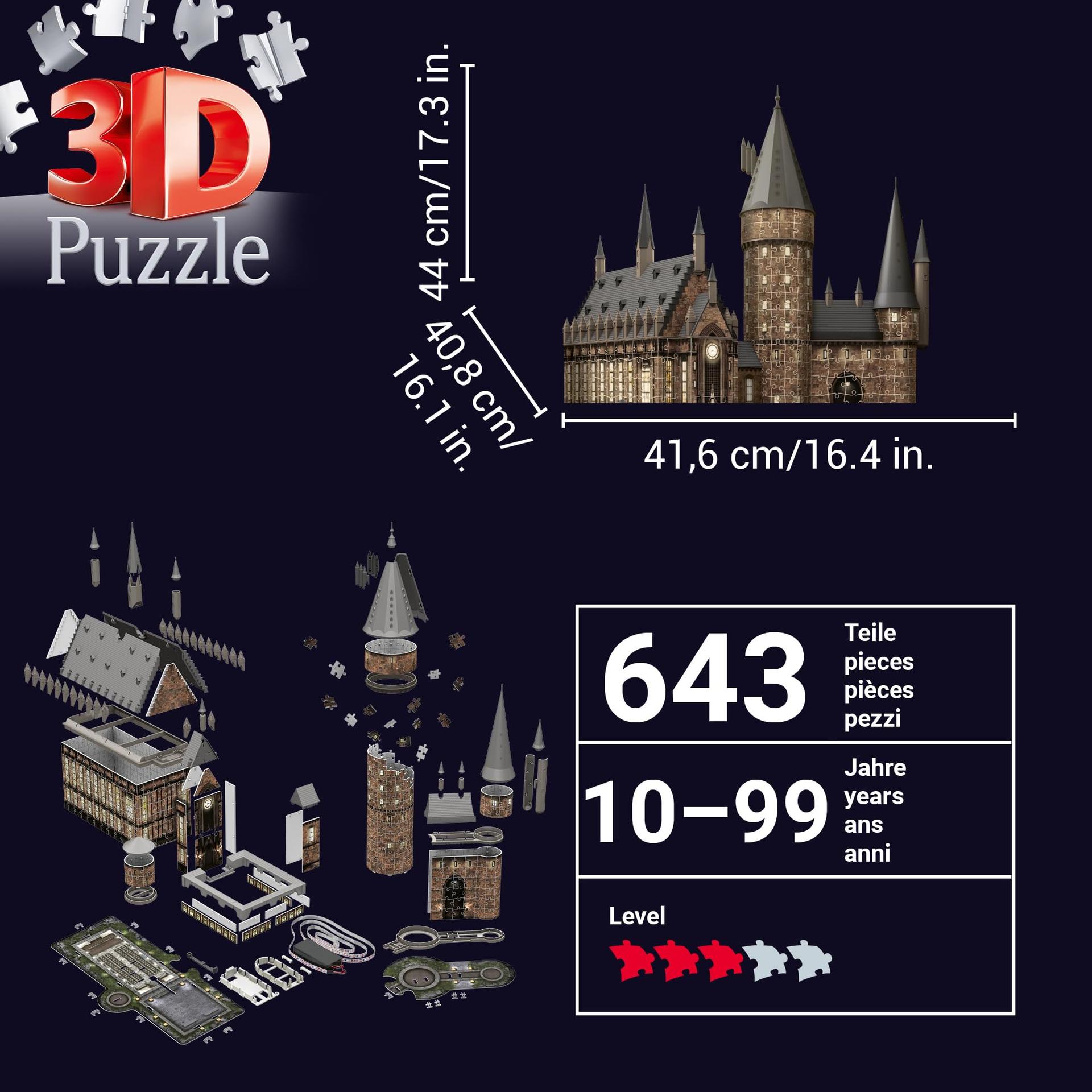 Ravensburger 3D Pusle 11550 – Harry Potteri Sigatüüka Loss – Suur Saal – Ööversioon – Valgustusega Suur Saal kõigile Harry Potteri fännidele alates 10. eluaastast – pakend ja tarvikud