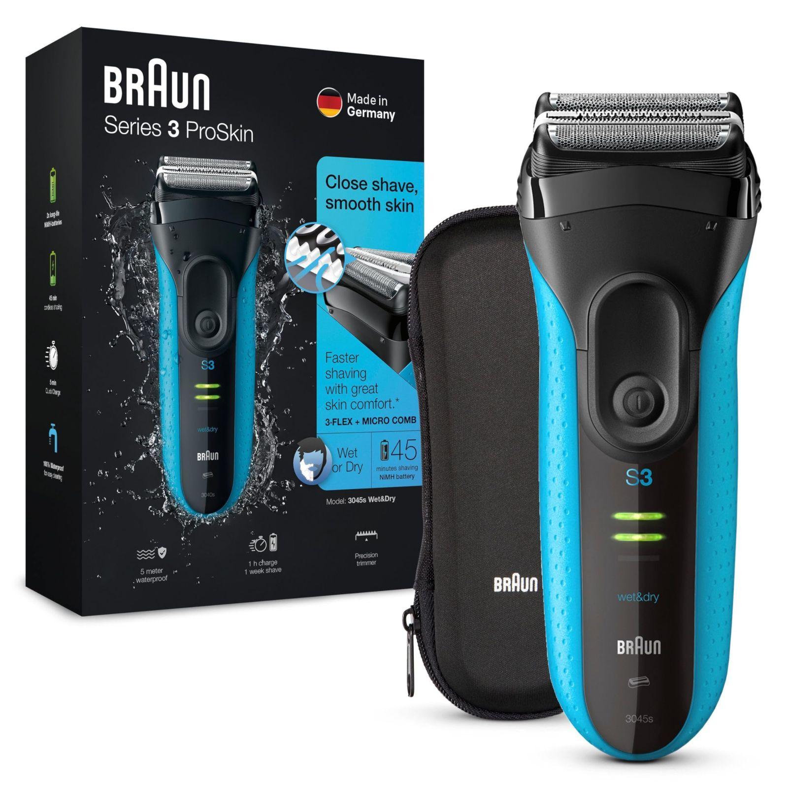 Braun Series 3 ProSkin Elektriline Pardel, Trimmer, Habemeajaja Meestele, Märg ja Kuiv, Reisikohvriga, Valmistatud Saksamaal, 3045s, Must/Sinine