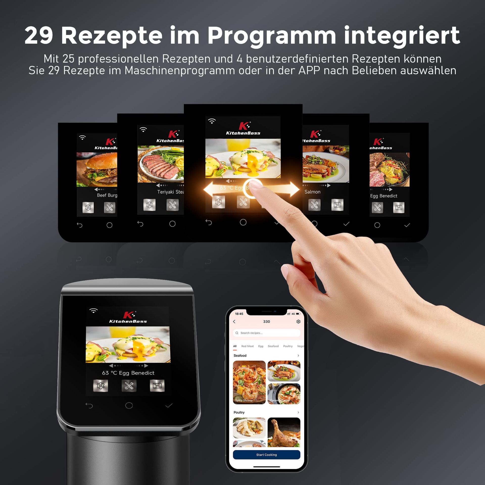 KitchenBoss Sous Vide keetmispulk WLAN: G330 WiFi täpne küpsetaja – temperatuuri reguleerimine kuni 90°C, veekindel IPX7, TFT puutetundlik ekraan, 360° tsirkulatsioon taimeriga – pilt 7