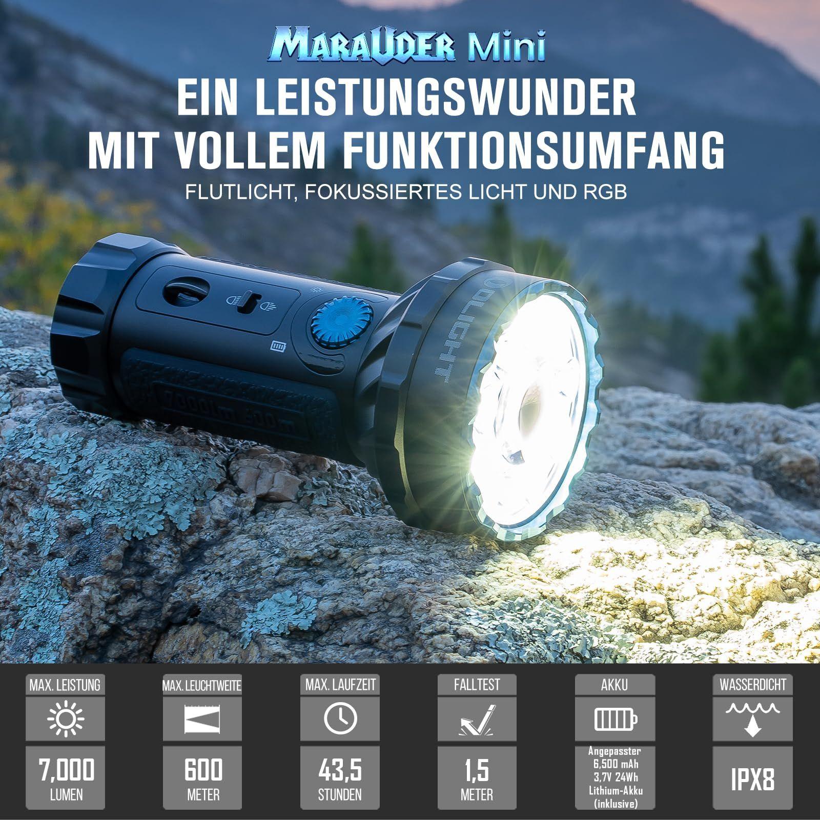 OLIGHT Marauder Mini LED Ülivõimas 7000 luumenit 600 meetrit Laetav Taskulamp koos Prožektori ja Hajutvalgusega, 3 värvilist LED-i ning kaugusanduriga õues kasutamiseks (Must) – detailne vaade