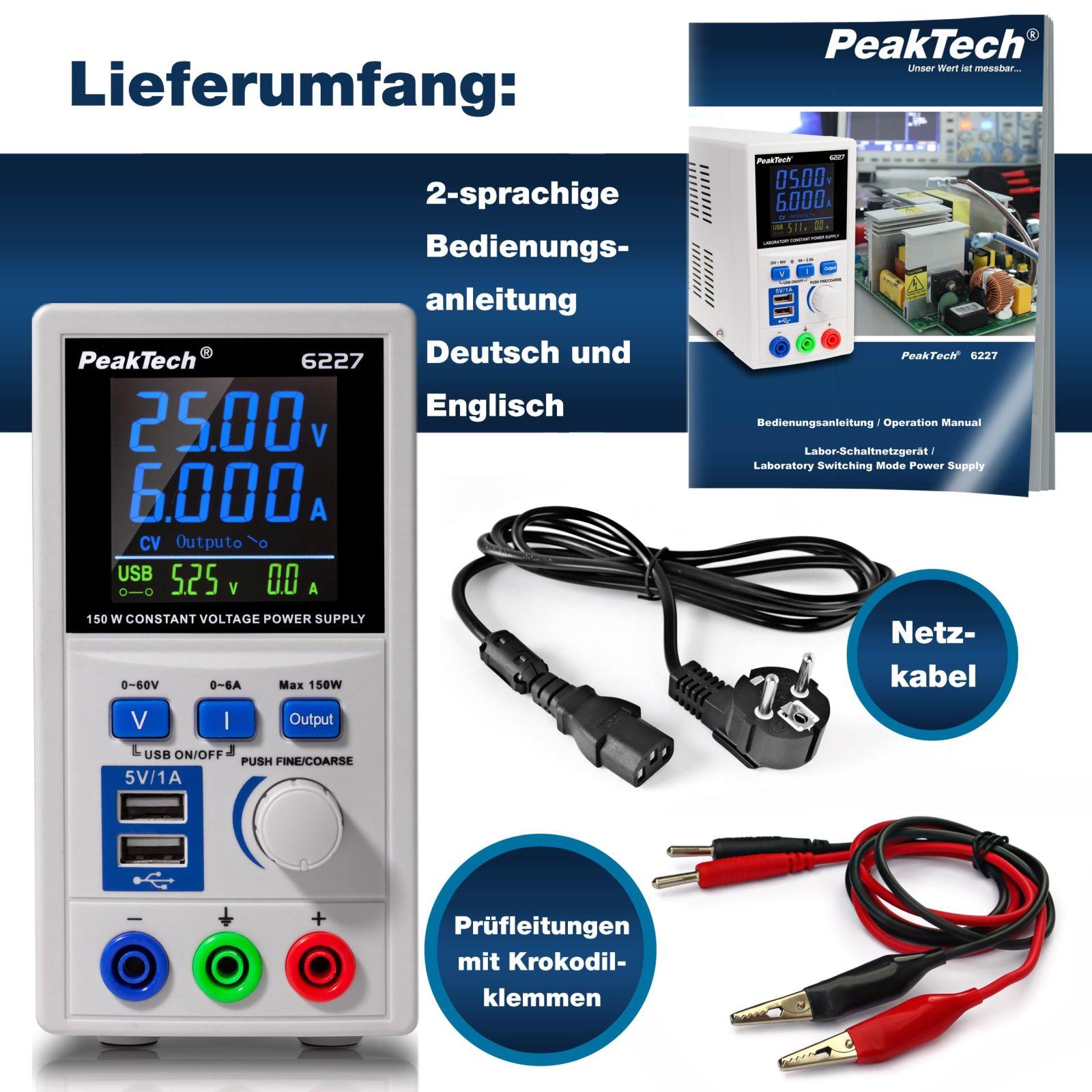 PeakTech P 6227 – DC Laboritoite Toiteplokk 0-60V/0-6 A LCD Ekraan, Laborivõrgutoiteplokk 2x USB-pordiga, Reguleeritava Väljundpingega Toiteallikas, Sisendpinge 115-240V AC 50-60Hz EN 61010-1 – pilt 6