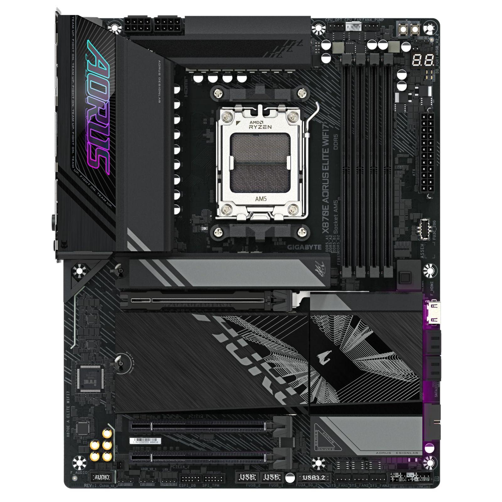 GIGABYTE X870E A Elite WIFI7 emaplaat – Toetab AMD Ryzen 9000 protsessoreid, 16+2+2 faasiline digitaalne VRM, kuni 8000MHz DDR5 (OC), 3x PCIe 5.0, Wi-Fi 7, 2.5GbE LAN, USB 4 – detailne vaade