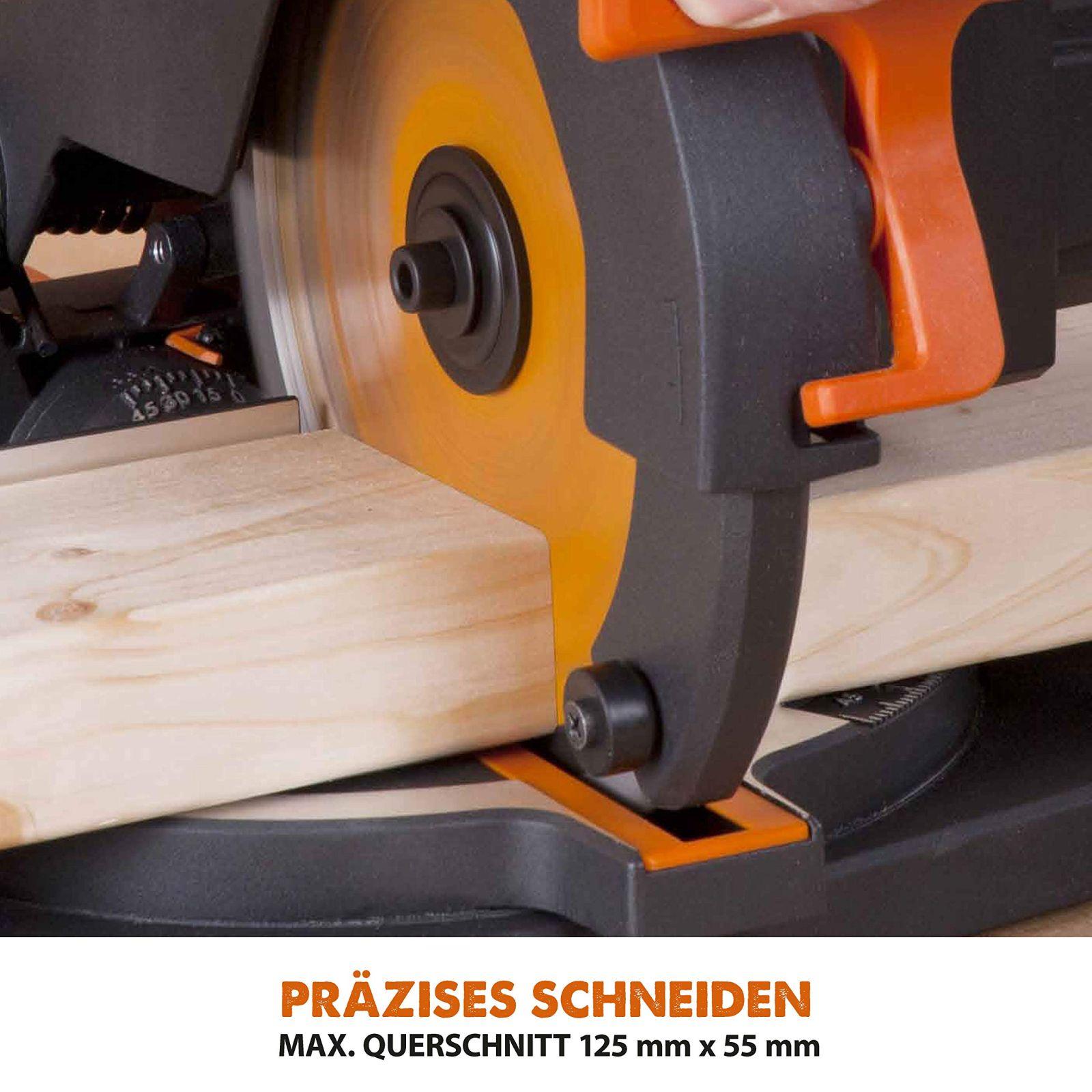 Evolution nurksaag R210CMS | 1200 W nurksaag | Komplektis Ø 210 mm HM-saeketas | Lõikab puitu, alumiiniumi, terast, plastikut | 0°- 45° kalde- ja 45°-45° nurklõiked | Kappsäge – pilt 7