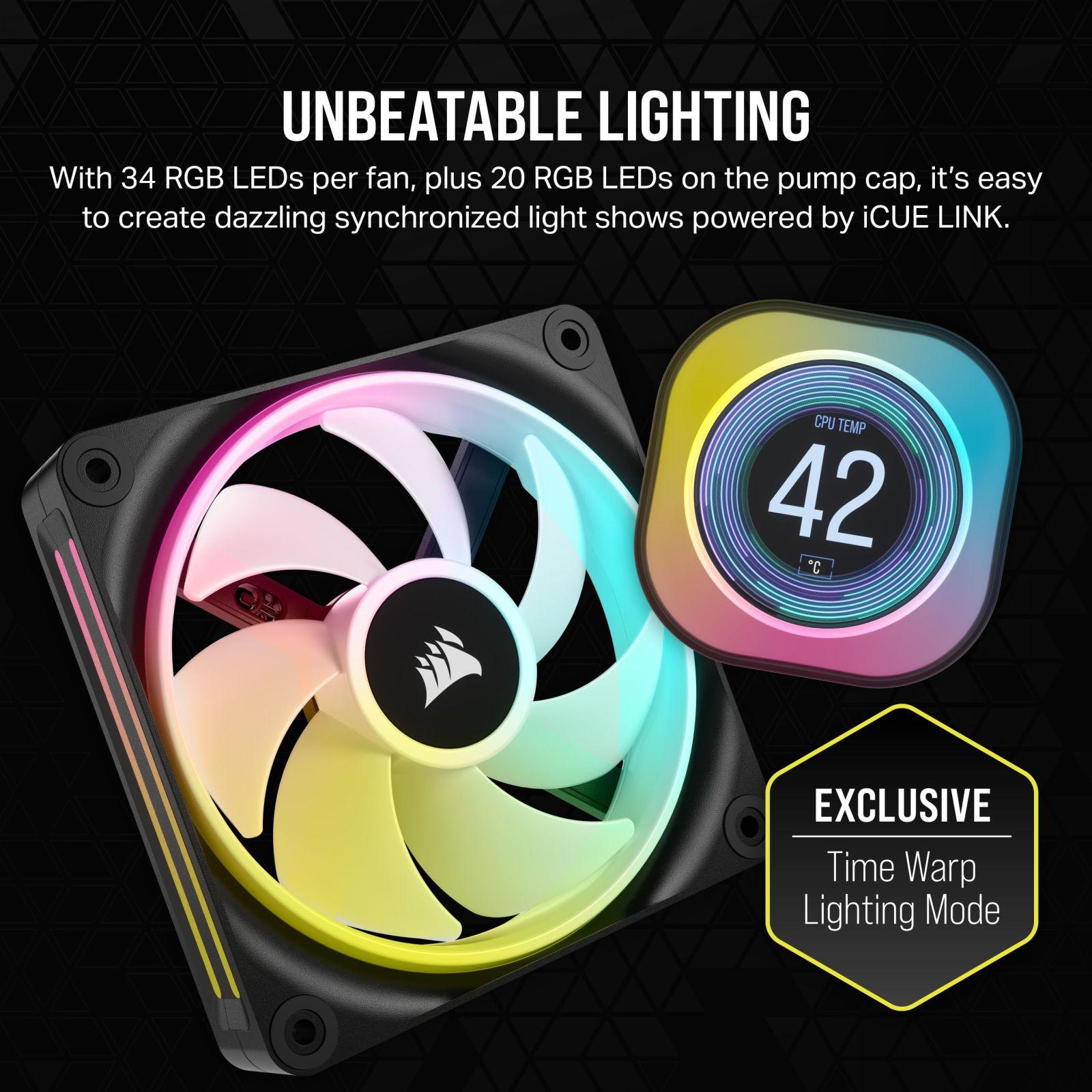 CORSAIR iCUE LINK H100i LCD Vedelikjahutusega CPU Cooler – 240mm AIO – QX120 RGB ventilaatorid – 2,1″ IPS-LCD ekraan – Sobib Intel LGA 1700, AMD AM5 – iCUE LINK süsteemi jaotur kaasas – Must – lisavaade
