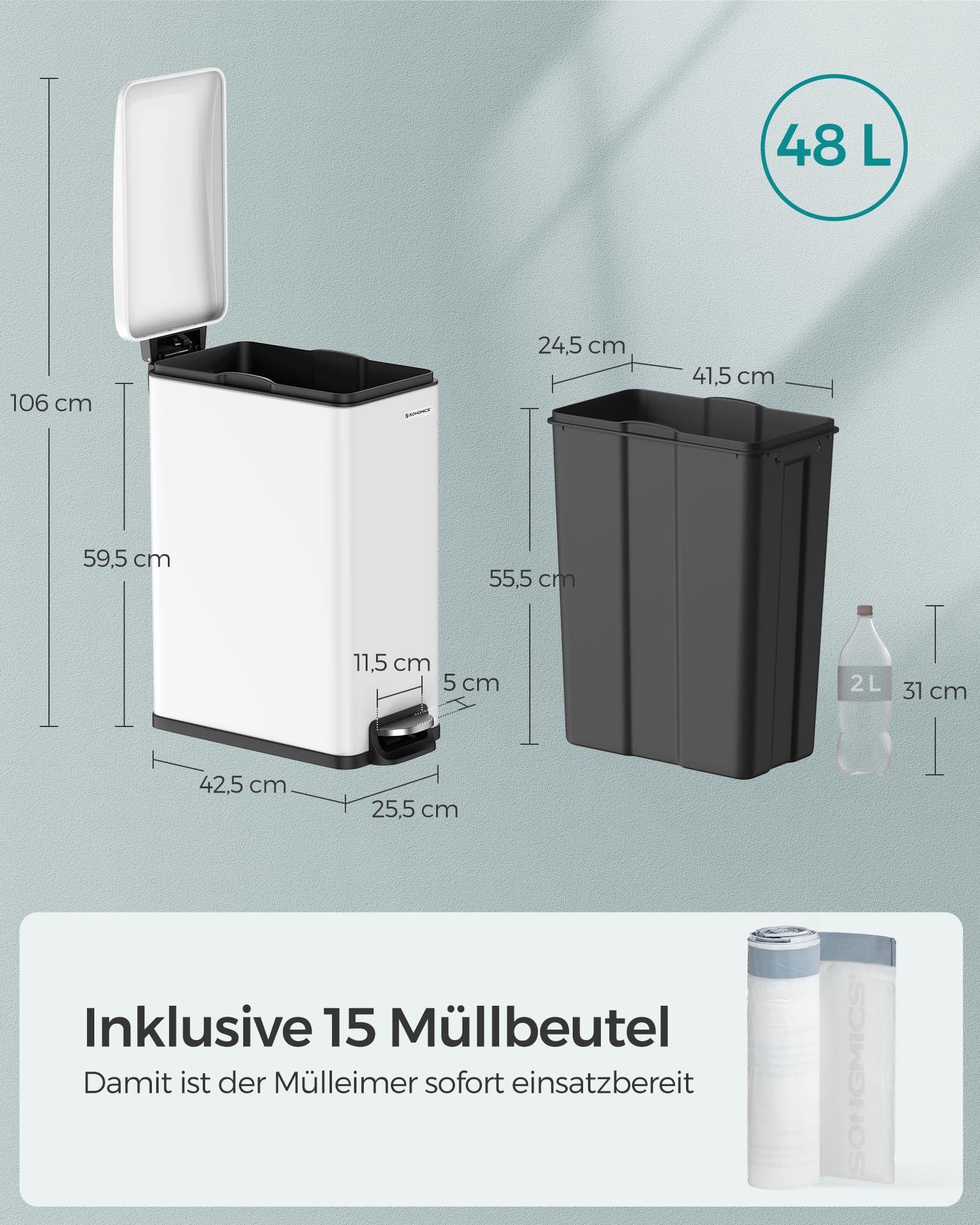 SONGMICS prügikast kööki, 48 liitrit, kitsas pedaaliga prügikast pehme sulgumise ja sisekonteineriga, teras, 15 prügikotti kaasas, valge LTB510W4802 – lisavaade