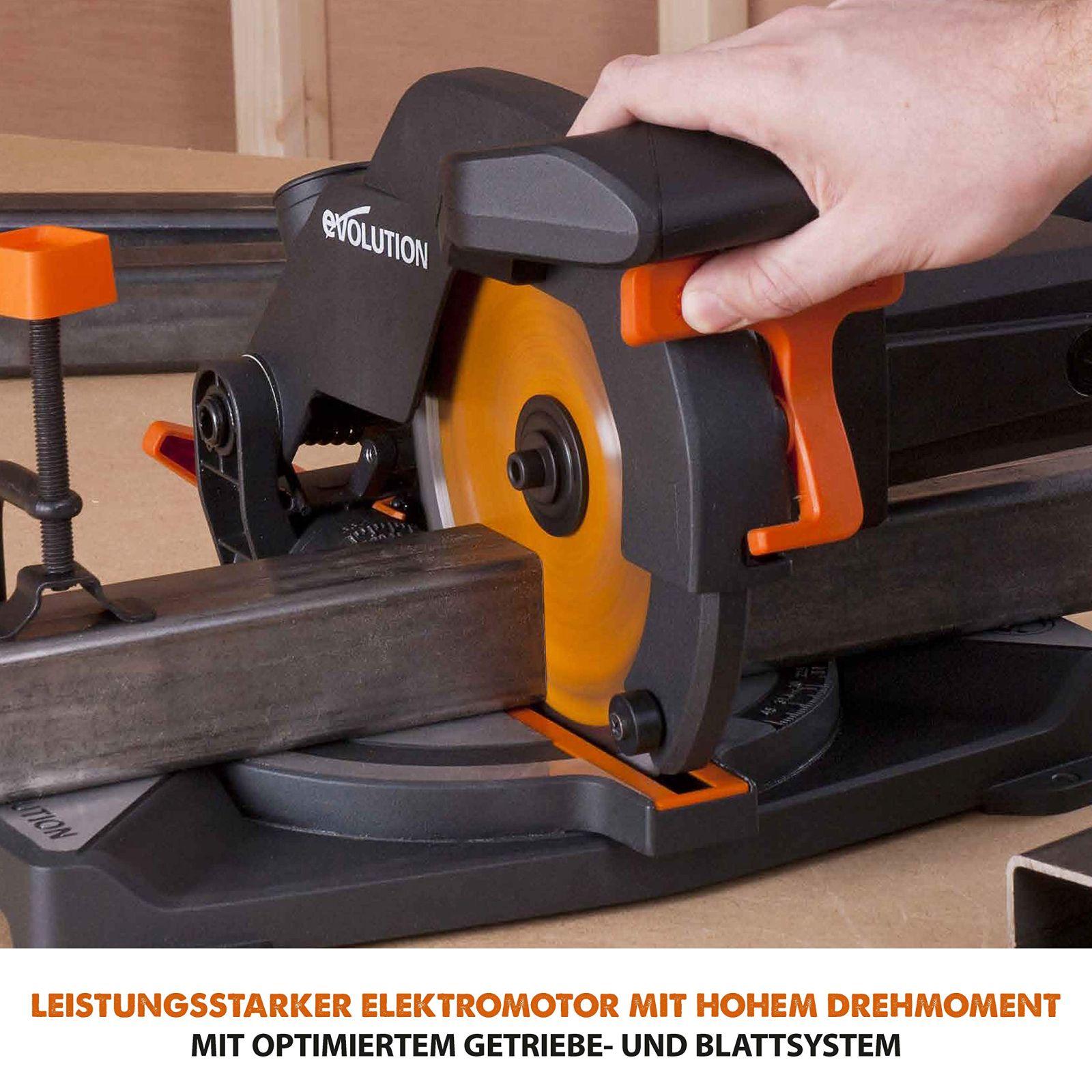Evolution nurksaag R210CMS | 1200 W nurksaag | Komplektis Ø 210 mm HM-saeketas | Lõikab puitu, alumiiniumi, terast, plastikut | 0°- 45° kalde- ja 45°-45° nurklõiked | Kappsäge – pilt 9