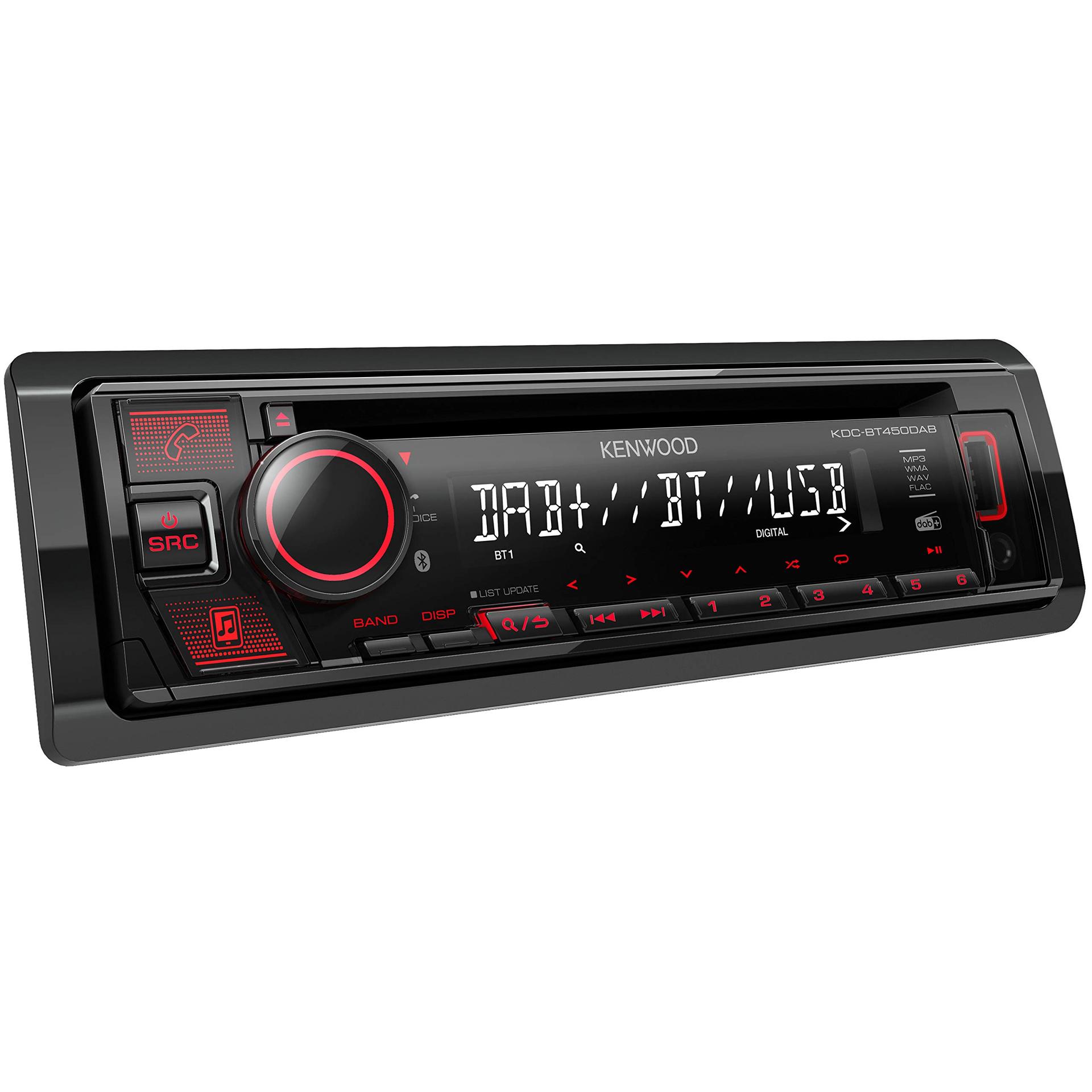 Kenwood KDC-BT450DAB CD-autoraadio DAB+ ja Bluetooth käed-vabad funktsiooniga (suure jõudlusega tuuner, heliprotsessor, USB, AUX, Spotify juhtimine, 4×50 W, punane taustavalgustus)