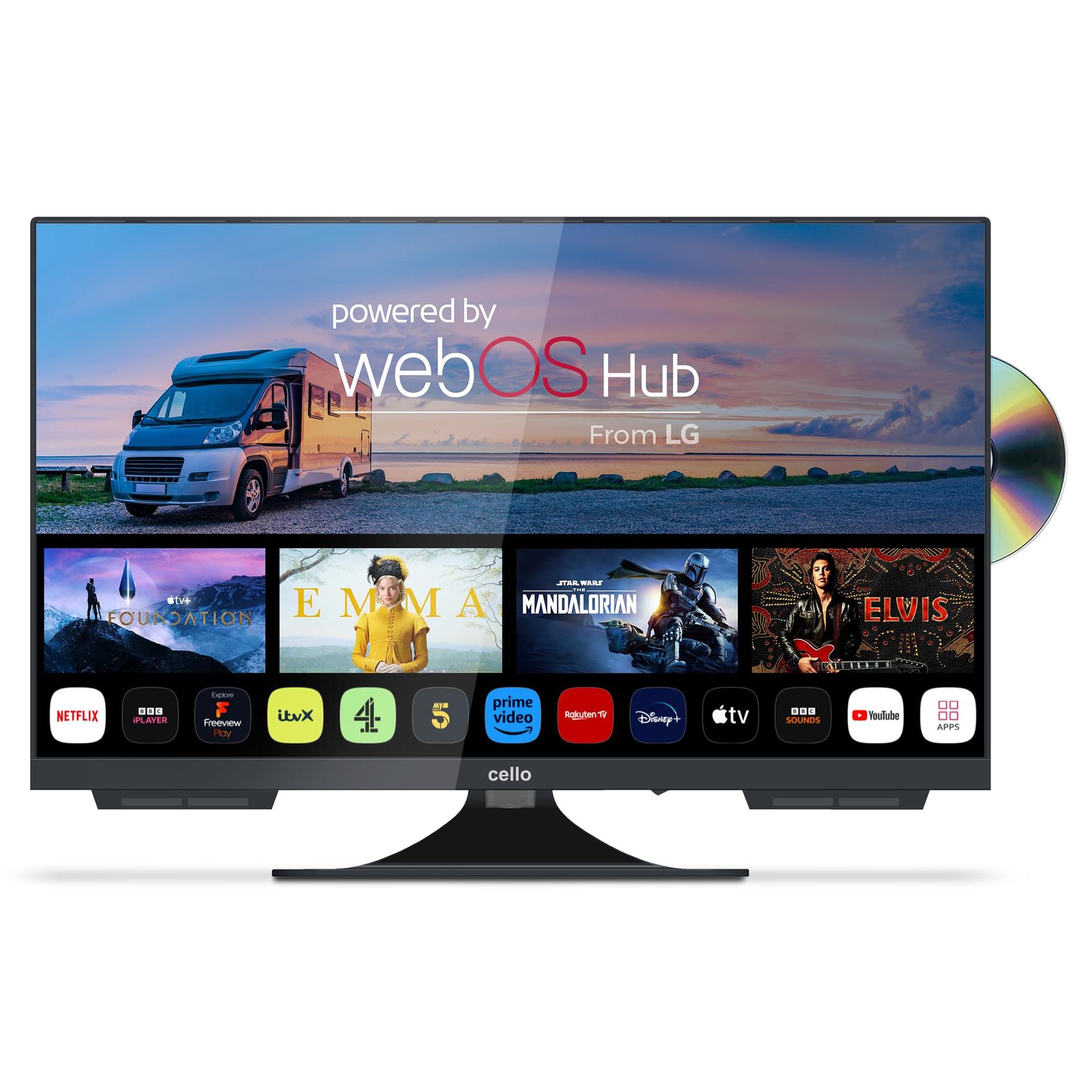Cello C2224WSF Trav 22″ Full HD SMART/DVD Matkatelevisioon integreeritud DVD-mängijaga, raamita disain, Triple Tuner, Bluetooth, WebOS by LG, Pitch Perfect kõlarid, matkaauto, veok [2024]