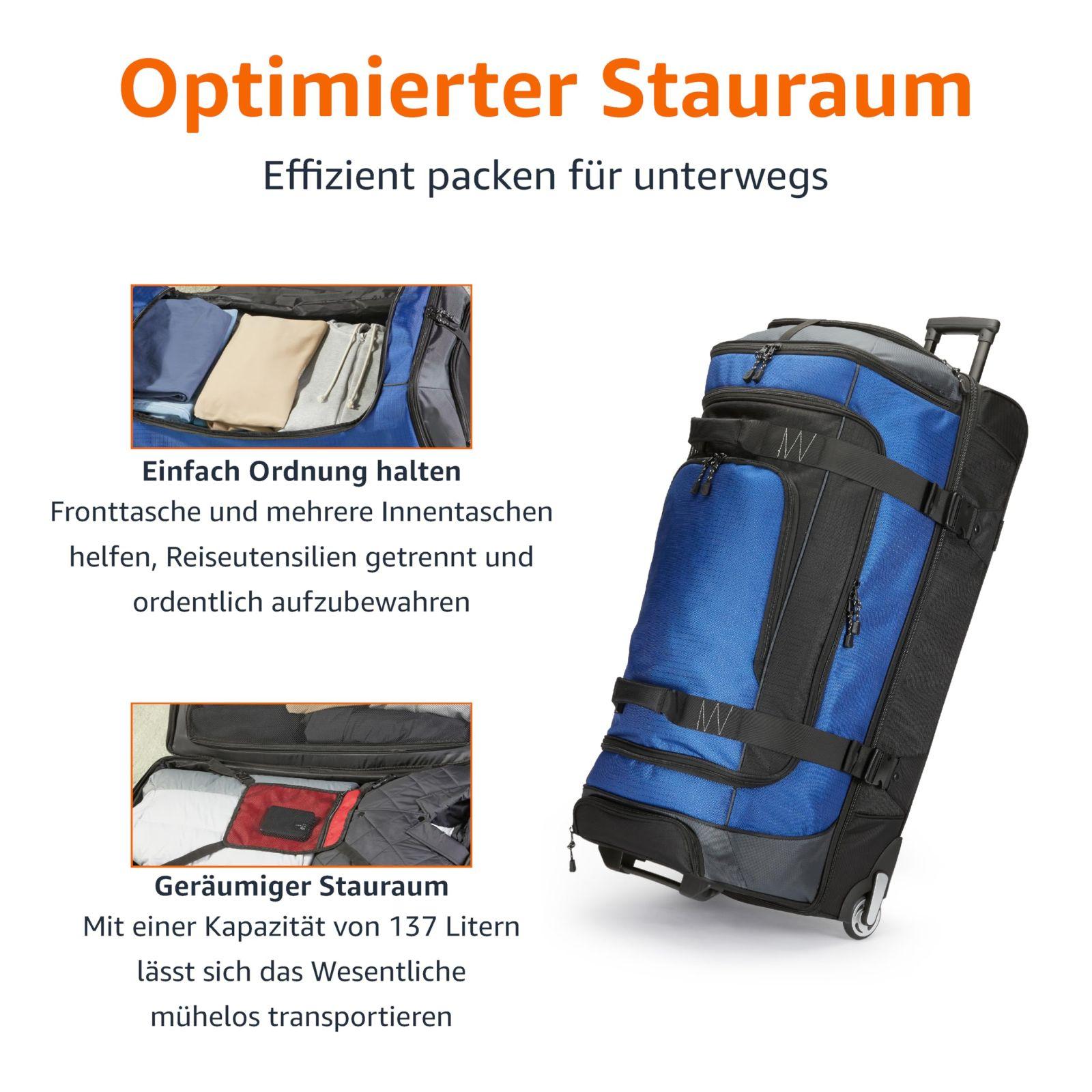 Amazon Basics rullikutega reisikott, 137L, kerge ja vastupidav ripstop-kangast trolley, teleskoopkäepidemega, ideaalne reisimiseks, tööks ja vabaajaks, sinine – pakend ja tarvikud