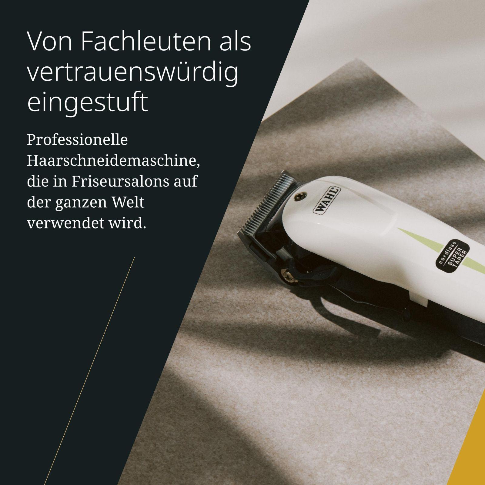 Wahl Cordless Super Taper – Professionaalne juhtmevaba juukselõikur, must/valge – pakend ja tarvikud