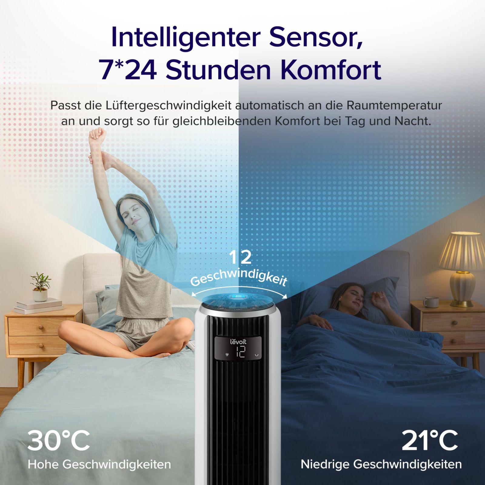 Levoit 20 dB toruventilaator – ülivai, 7,9 m/s ventilaator DC-mootoriga, 90° osilleeriv tornventilaator kaugjuhtimisega magamistuppa, 26W, 4 režiimi, 12 kiirust, 12H taimer, LED-ekraan, valge – pilt 6