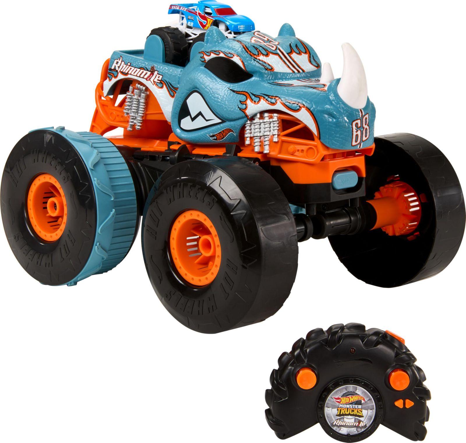 Hot Wheels Monster Trucks juhtimispultiga auto, ümber ehitatav Rhinomite 1:12 mõõtkavas Race Ace mänguasjaautoga 1:64 mõõtkavas, muudetav stardiplatvormiks, HPK27