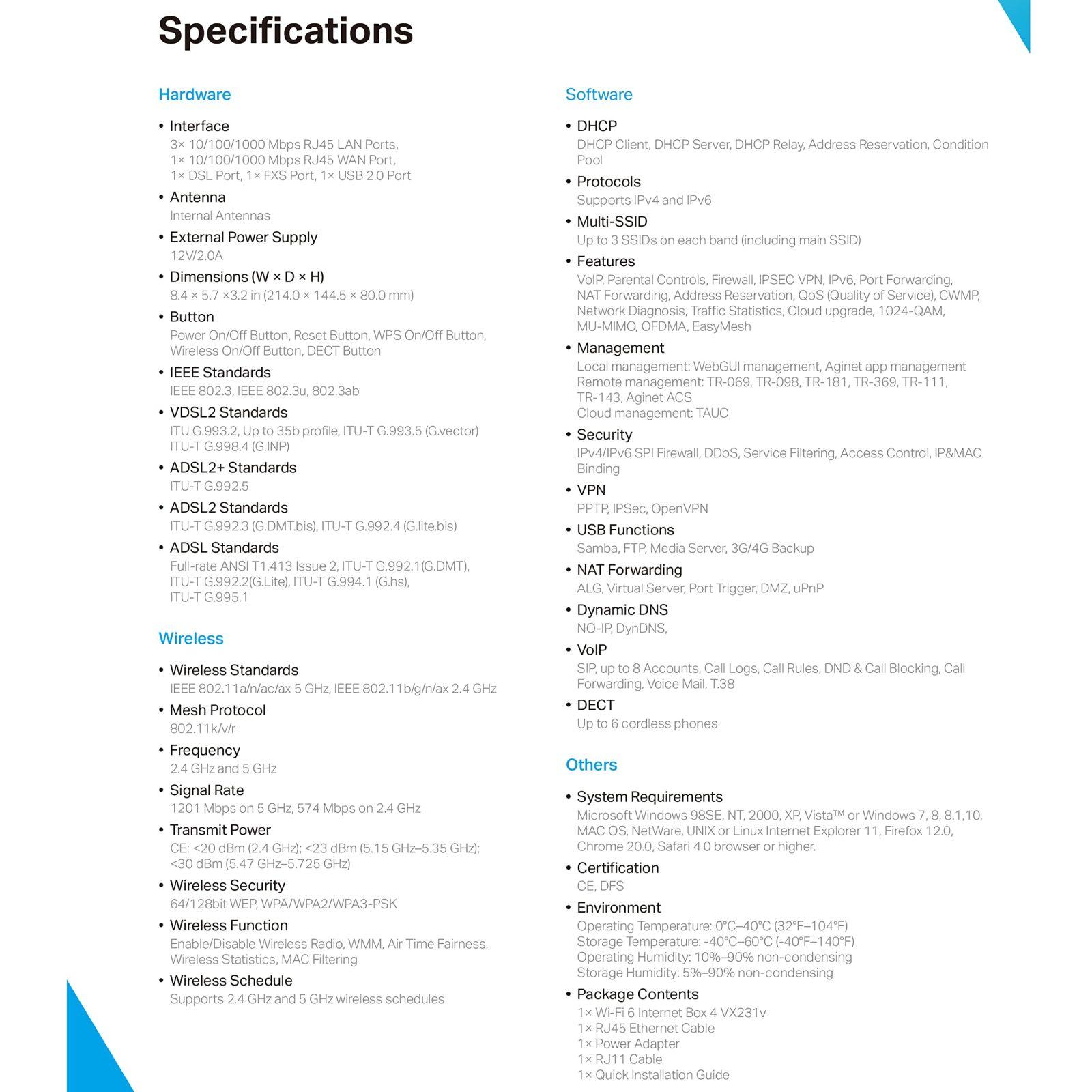 TP-Link VX231v Wi-Fi 6 VDSL Modemi ja Ruuter, VDSL2 35b 300 Mbit/s, 4× Gigabit-Porti, AX1800 Dual-Band WiFi, Ühildub Telekom, O2, 1&1, mitte Vodafone MIC, ainult Saksamaa jaoks – pakend ja tarvikud