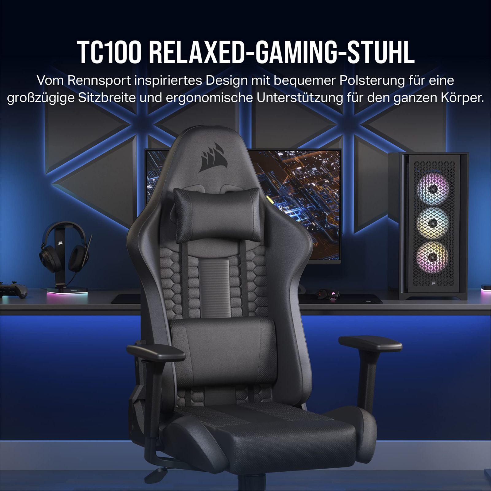 Corsair TC100 Relaxed mänguritool – Kunstnahk – Vormel-1 stiilis disain – Nimmetugi – Eemaldatav mäluvahust kaelapadi – Reguleeritavad käetoed – Must – pakend ja tarvikud