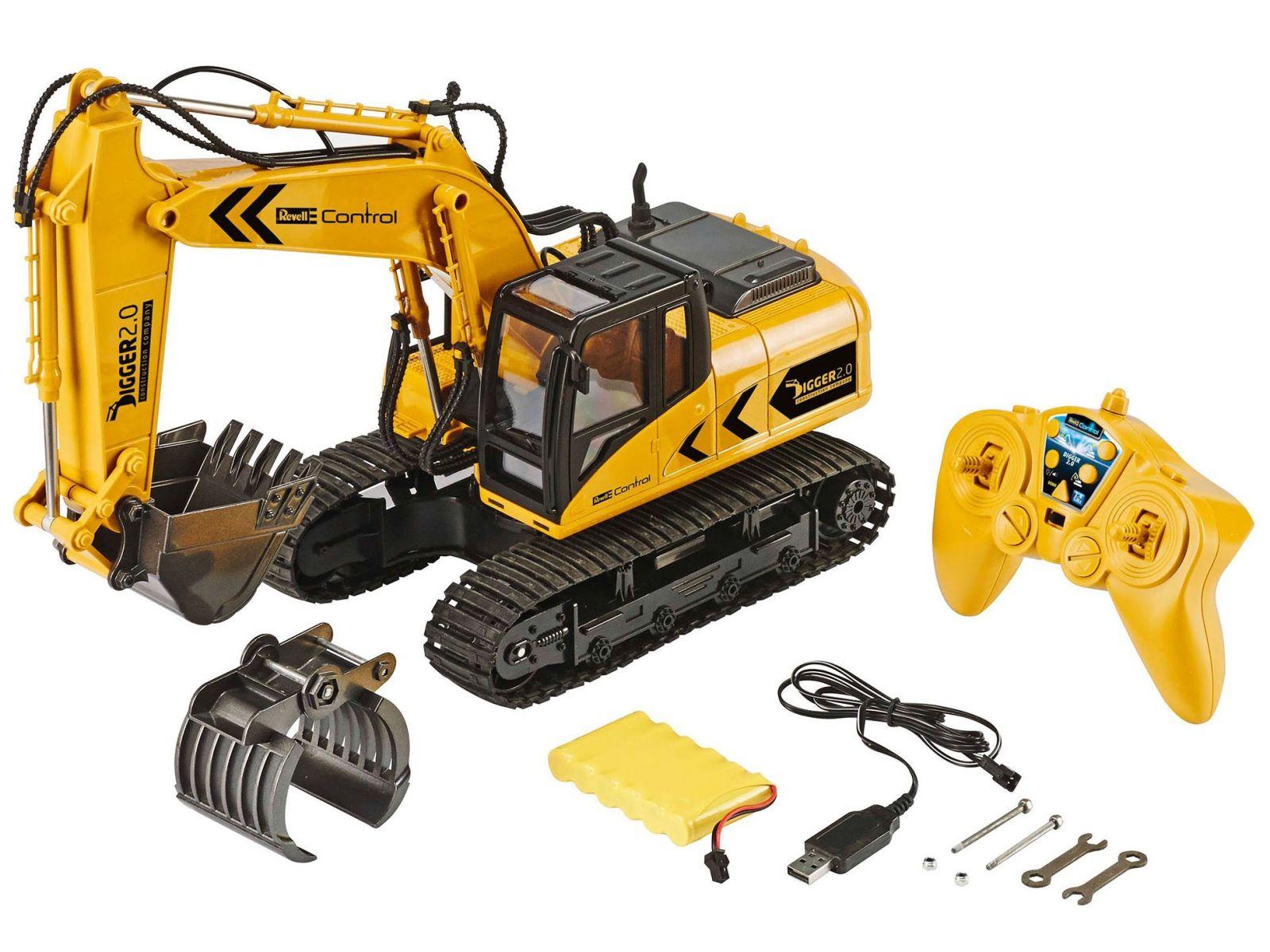Revell Control 24924 RC Roomikekskavaator Digger 2.0, vahetatav kopp ja puuhaarde, välitingimustesse sobiv, akutoitel kaugjuhitav ekskavaator, 2.4 GHz, kollane – detailne vaade