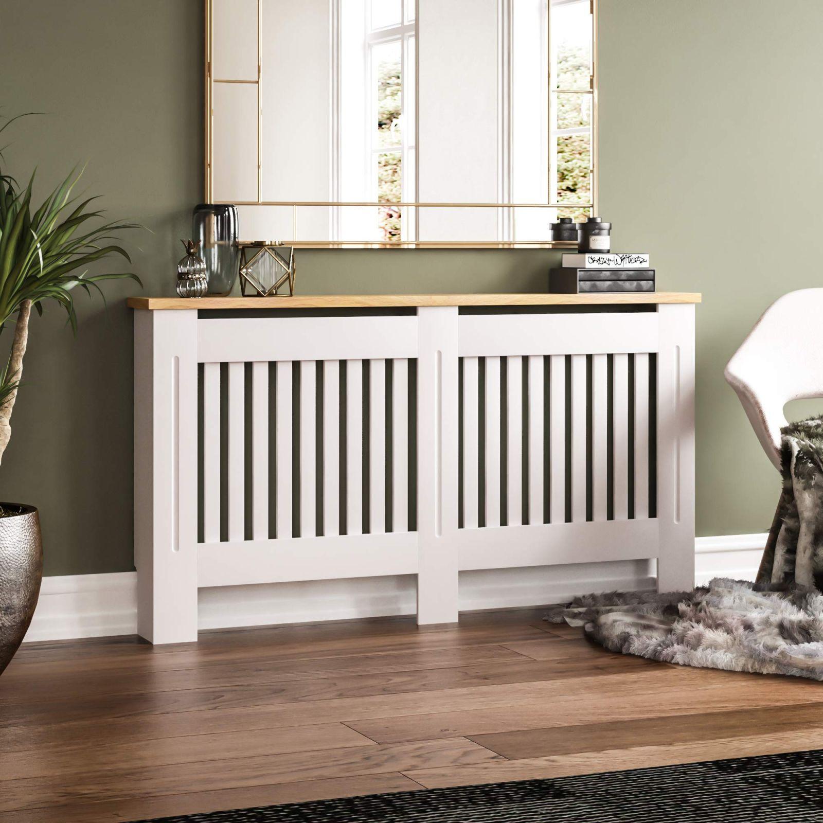 Vida Designs Arlington radiaatorikate, modernne, valge lakitud, MDF-kapp, liistud, sooned, pealmine puidust riiul, suur – detailne vaade