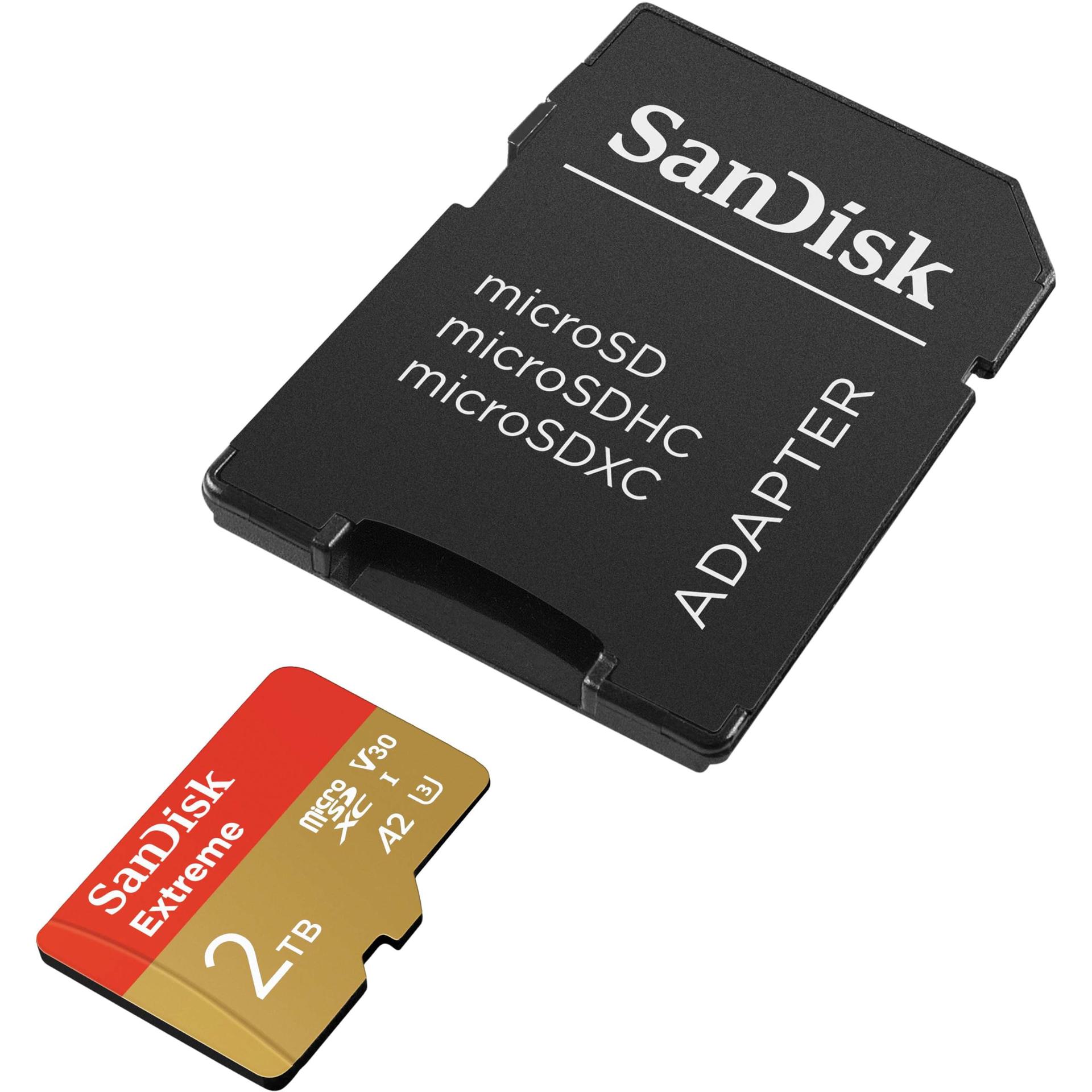 SanDisk Extreme microSDXC UHS-I mälukaart 2TB + SD adapter (nutitelefonidele, action-kaameratele ja droonidele, kuni 240 MB/s ülekandekiirus, 4K UHD, RescuePRO Deluxe, UHS-I, U3, V30) – pakend ja tarvikud