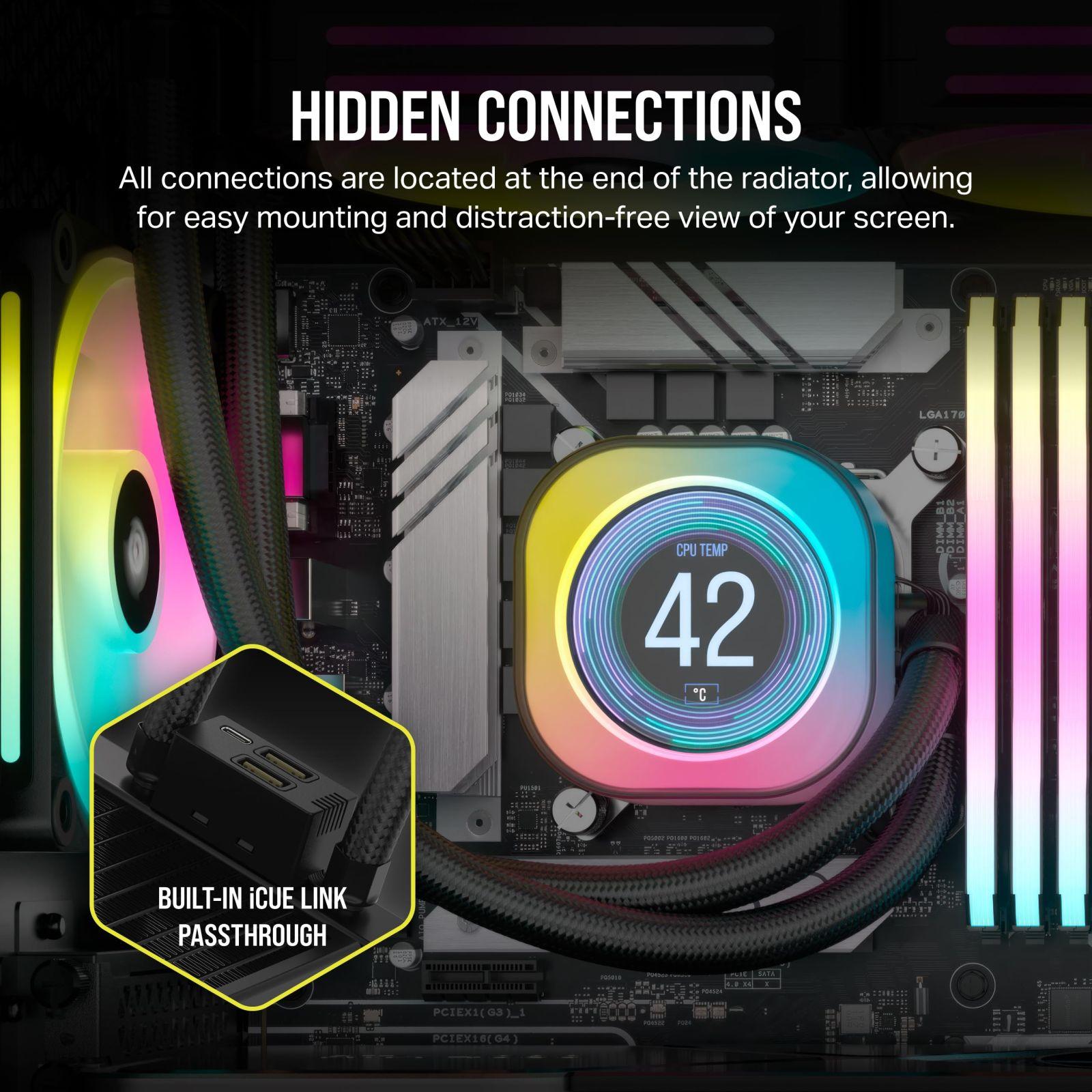 CORSAIR iCUE LINK H100i LCD Vedelikjahutusega CPU Cooler – 240mm AIO – QX120 RGB ventilaatorid – 2,1″ IPS-LCD ekraan – Sobib Intel LGA 1700, AMD AM5 – iCUE LINK süsteemi jaotur kaasas – Must – pilt 7