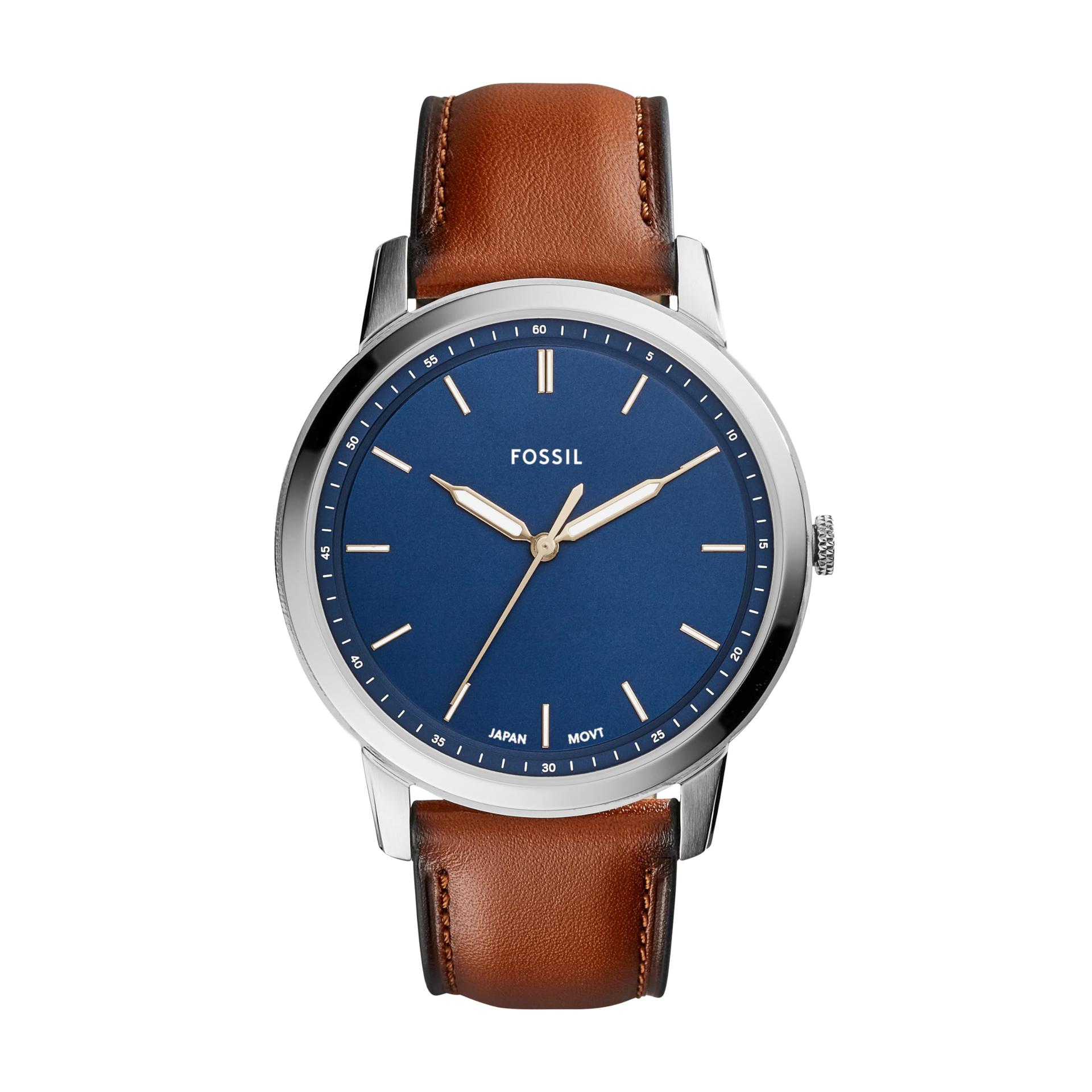 Fossil Minimalist meeste käekell, kvartsmehhanism, roostevaba teras või nahkrihm, sinine ja pruun, 44MM