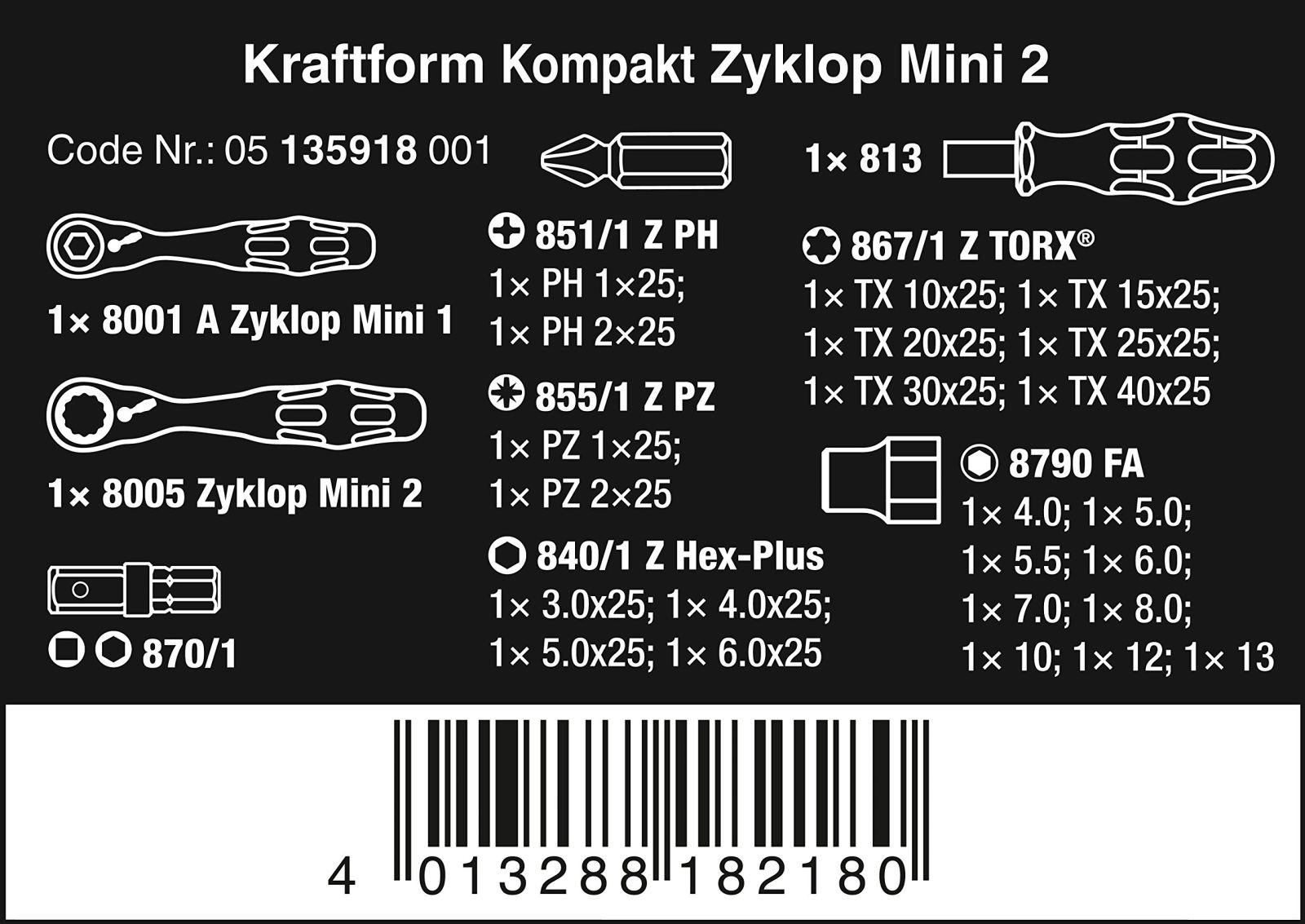 Wera 05135918001 Kraftform Kompakt Zyklop Mini 2, 27-osaline, universaalne suurus – detailne vaade