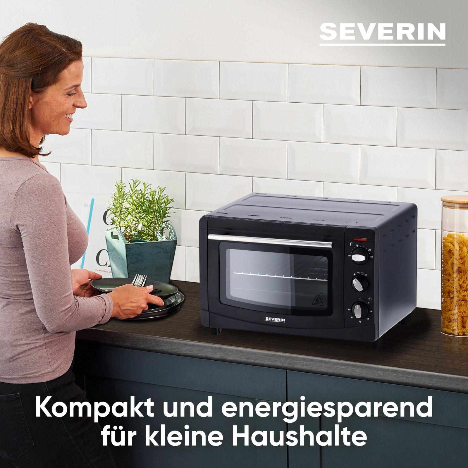 SEVERIN küpsetus- ja rösterahi, mini ahi grillresti, küpsetusplaadi ja puruplaadiga, mitmekülgne ahi 20 L mahutavusega, 1 500 W, must, TO 2067 – pakend ja tarvikud