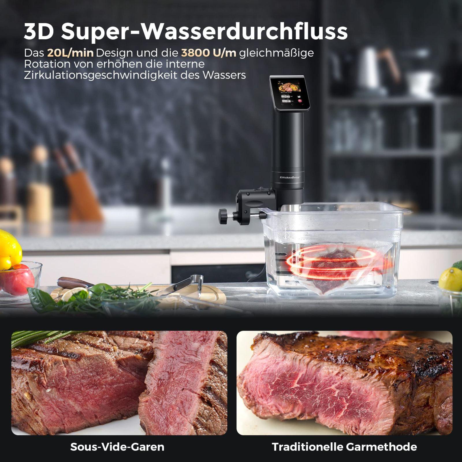 KitchenBoss Sous Vide keetmispulk WLAN: G330 WiFi täpne küpsetaja – temperatuuri reguleerimine kuni 90°C, veekindel IPX7, TFT puutetundlik ekraan, 360° tsirkulatsioon taimeriga – pakend ja tarvikud