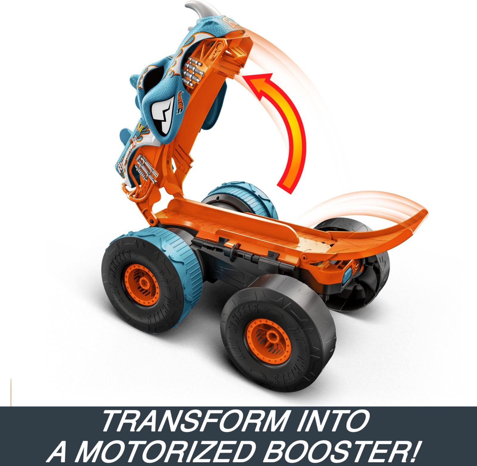 Hot Wheels Monster Trucks juhtimispultiga auto, ümber ehitatav Rhinomite 1:12 mõõtkavas Race Ace mänguasjaautoga 1:64 mõõtkavas, muudetav stardiplatvormiks, HPK27 – lisavaade