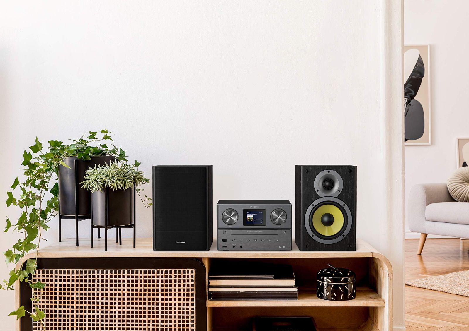 Philips TAM8905 Mikro-muusikasüsteem 100W, Bluetooth, Spotify Connect, Internetradio, DAB+, CD-mängija, USB, Bassrefleksi kõlarid, Digitaalne heli reguleerimine, klassikaline disain värviekraaniga – kasutusnäide