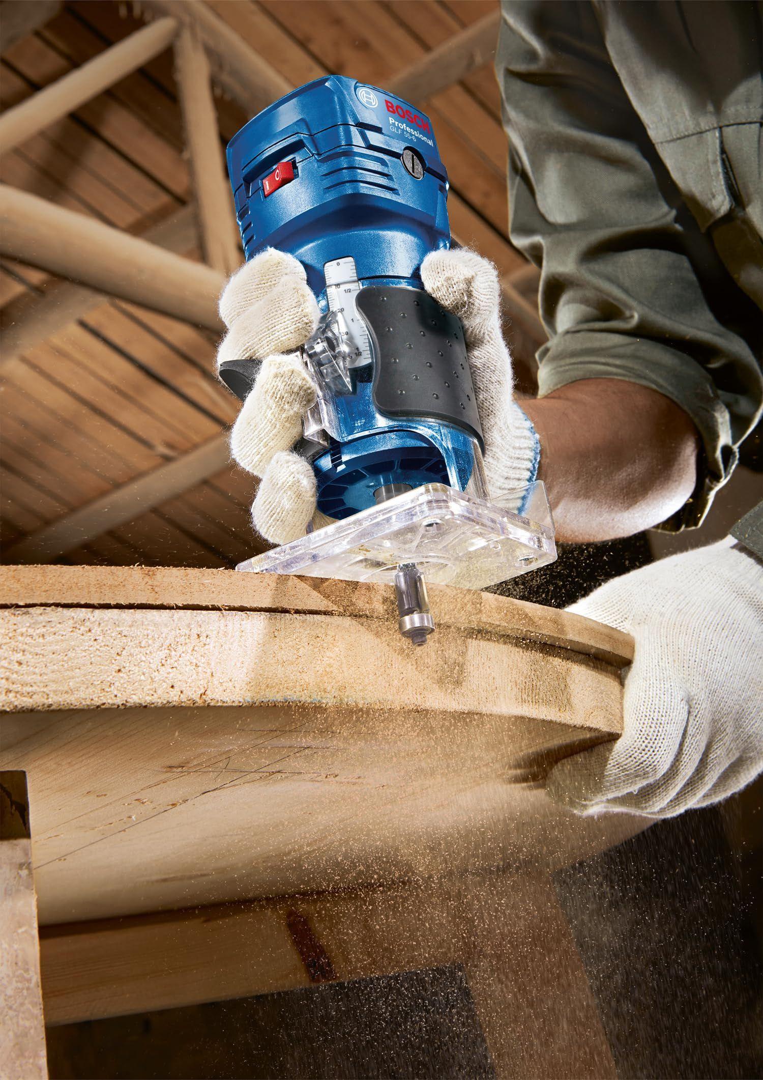 Bosch Professional servafrees GLF 55-6 (550 W mootor, 33 000 p/min, kaasas 2x mutrivõti, 1x padrun, paralleeljuhik, juhtketas sirgfreisimiseks) – lisavaade
